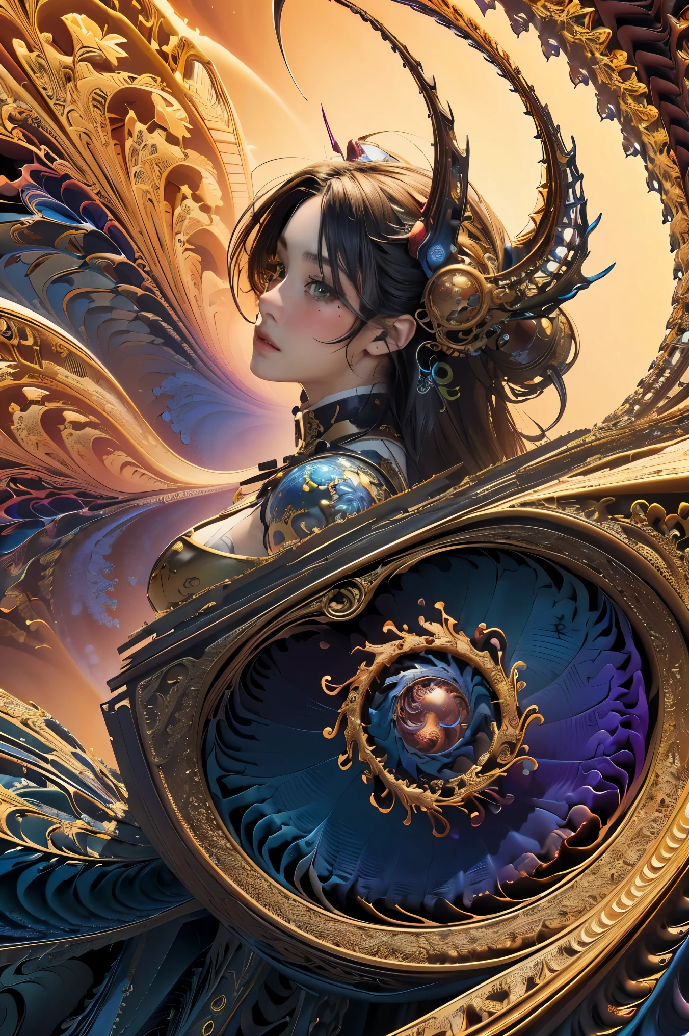 (masterpiece, top quality, best quality, official art, beautiful and aesthetic:1.2), (1male), extreme detailed,(fractal art:1.3),colorful,highest detailed, background with fractals and mechanical steampunk details
