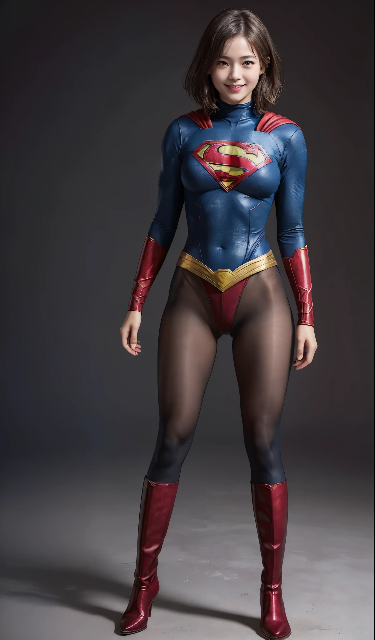 No background、(((Beautiful legs in black tights.)))、(((Legally express the beauty of your smile)))、((((Make the most of your original images)))、(((Supergirl Costume)))、(((Short beautiful hair)))、(((Smiling and winking)))、(((Please wear black tights....、Wear red boots)))、((Best image quality、8k))、((highest quality、8k、masterpiece:1.3))、(((Preserve background )))、Sharp focus:1.2、Beautiful woman with perfect figure:1.4、Slim Abs:1.2、Wet body:1.5、Highly detailed face and skin texture、8k