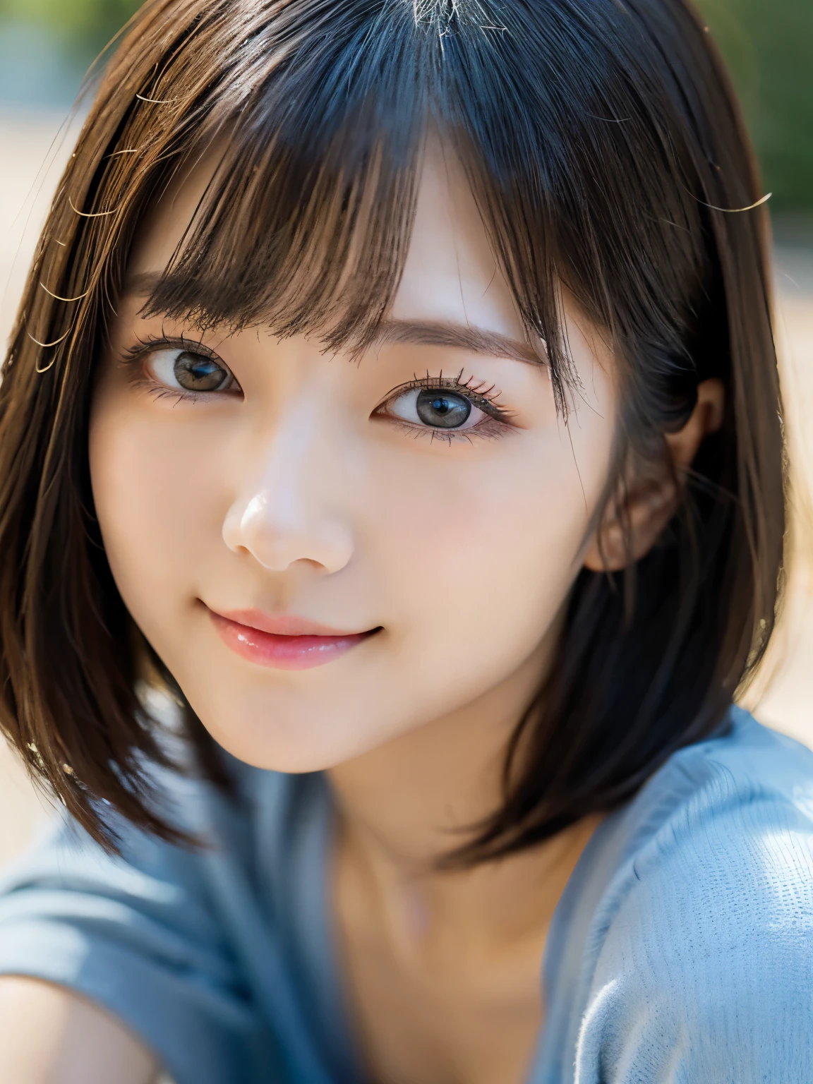 Medium Shot、(highest quality:1.5)、(Realistic:1.5)、(1 person:1.5)、(Very detailed)、(High resolution)、8k、Looking down、(Yellow floral camisole)、normal breasts、Natural color lips、Cute Smile、20-year-old girl、(Beautiful and elaborate face)、(Perfect and beautiful face)、(Big eyes)、(Beautiful and elaborate face)、(Beautiful, balanced eyes)、Perfect and beautiful double eyelids、Perfect and beautiful face、Arched eyebrows、 Thin eyebrows、Feminine poses、Slim face、Slim figure、Beautiful and thin nose、 Beautiful Skin、(Medium Bob Hair)、Natural Bangs、Fair skin、Front lighting、(Lighting the face)、(Beautiful cleavage)、Deep blue eyes、