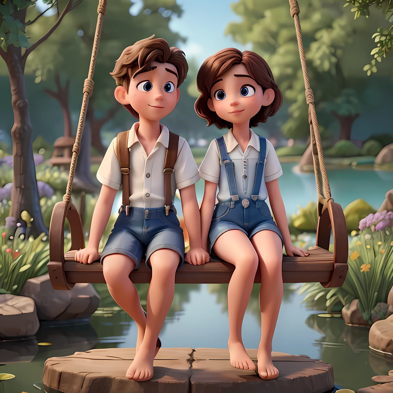movie picture quality，Disney animation style, a girl and a boy lovers seating on a swing at middle of a pond ，short detailed hair，Denim suspenders，The barefoot，depth of fields，high light，Real light，Ray traching，oc rendered，Hyper-realistic，best qualtiy，8K，Works of masters，super-fine，Detailed pubic hair，Correct anatomy，sharp focus on eyes，Bokeh，Facial features are carefully depicted