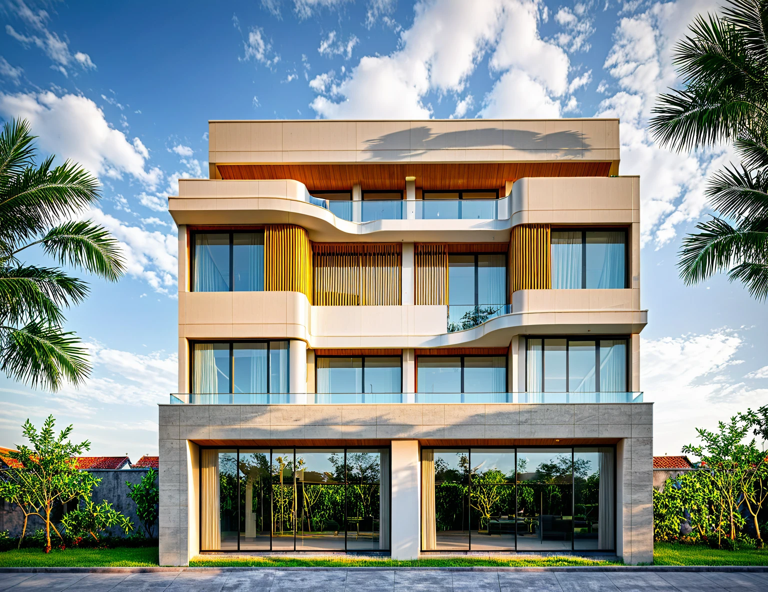 Raw photo,Masterpiece, high quality, best quality, authentic, super detail, soft lighting, high quality,
exterior, outdoors, house style modern on the street vietnam, 1st floor facade with beige granite wall, black glass, 1st with Granite balcony narrative,
road ,pavement, grass, trees, sunset, black glass, cloud, (day:1.1), vivid colour, (realistic:1.2), 
