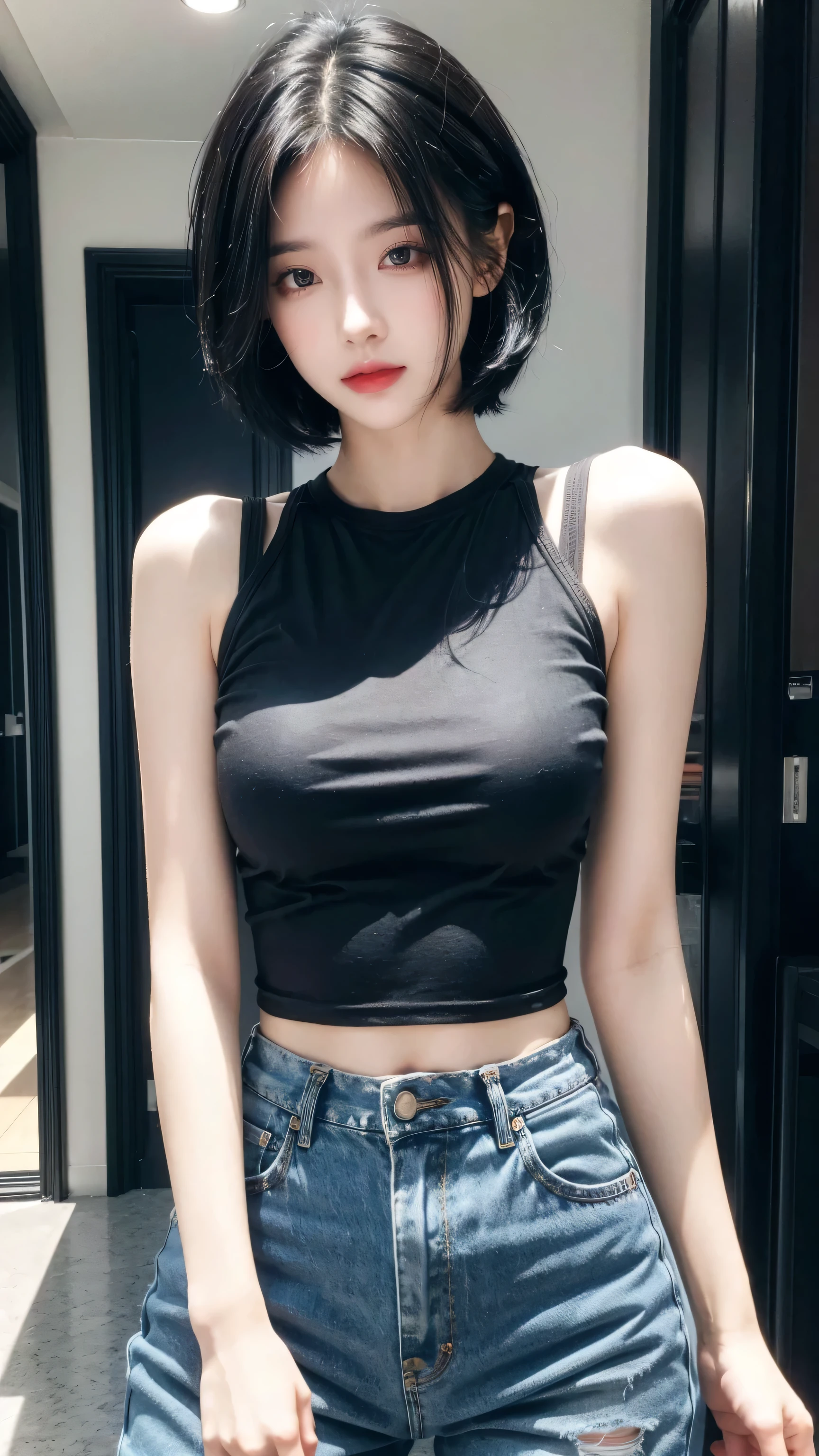 best quality, 1 Girl, dark blue hair, black eyes, Very short hair, Spiky hair, t-shirt, High waist jeans, 171 cm, Messy hair, Hair between the eyes, Medium breasts, full, Tomboy, aldult, 20 years old, 1 Girl