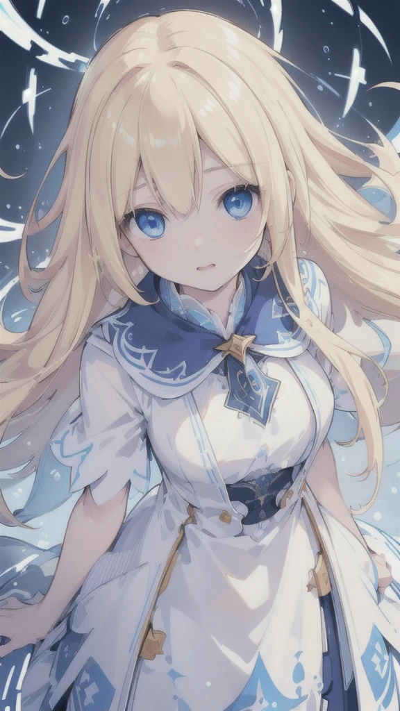 (best quality, ultra-detailed, realistic:1.37), HDR, high resolution, studio lighting, portraits, vivid colors,A girl with blonde hair and blue eyes, her eyes detailed with precision, and a pale complexion, wearing a dark robe adorned with intricate patterns. Blue electric currents revolving around her body. A swarm of electric eels made of water flying around her.