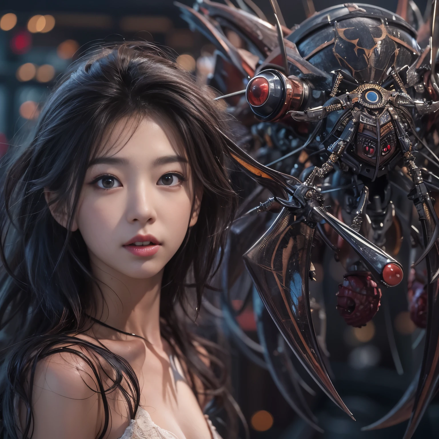 (masterpiece, best quality:1.2), (8k uhd, 16k, 32k, ultra high res), (photorealistic:1.37), (RAW photo), ultimate-realistic, ultimate-realistic details, ultimate-realistic texture, ultimate-intricate details, ultimate-realistic lighting, ultimate-realistic shadow, japanese girl, ultimate-cute face, ultimate-RAW skin, ultimate-realistic eyes, Beautiful Japanese girl with beautiful eyes and lips on upper body, spider body on lower body, bat wings, partly mechanical elements, , vivid colors, detailed depiction of girl's hair blowing in the wind, realistic textures on the spider body, mechanical partssurrealistic lighting, eerie atmosphere, dark and mysterious background