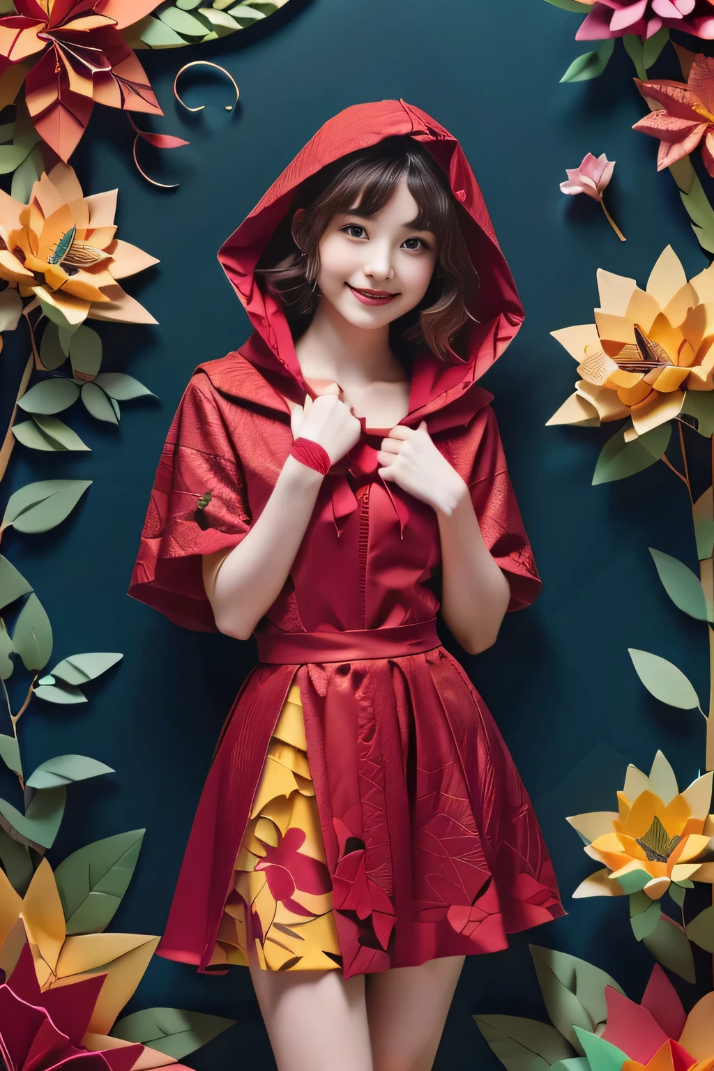 (best quality:1.2),(ultra detailed,highres,HDR,8k,3D,realistic,photorealistic,super fine,effects,official art,detailed background), (very happy smile,young,Japanese,detailed beautiful face), (Happy days),(round face,small face beauty), (dynamic pose:1.3), (head to thighs:1.5), (Paper Art: 1.3), (Quilting Paper Art: 1.2), (Geometric Background: 1.3), (Zentangle), (3D Rendering), (big red riding hood: 1.3), (Delicate dress), (Small face: 1.2), (Fairy-tale world feeling: 1.1) , (Put the wicker basket on the ground:1)(zentangle;1.5), (mandala:1.5), (entanglement:1.5),(Penrose tiling background:1.5)