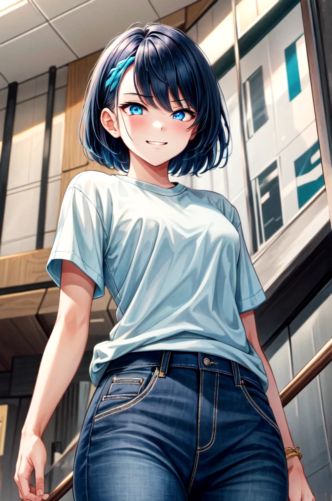 masterpiece, best quality, cowboy shot, view from below, 1girl, looking at viewer, cyan eyes, cool beauty, very short hairstyle, dark blue hair, sharp eyes, mature face, slim body, casual clothes, cool face, slight smirk, tomboy, wild appearance, wild style