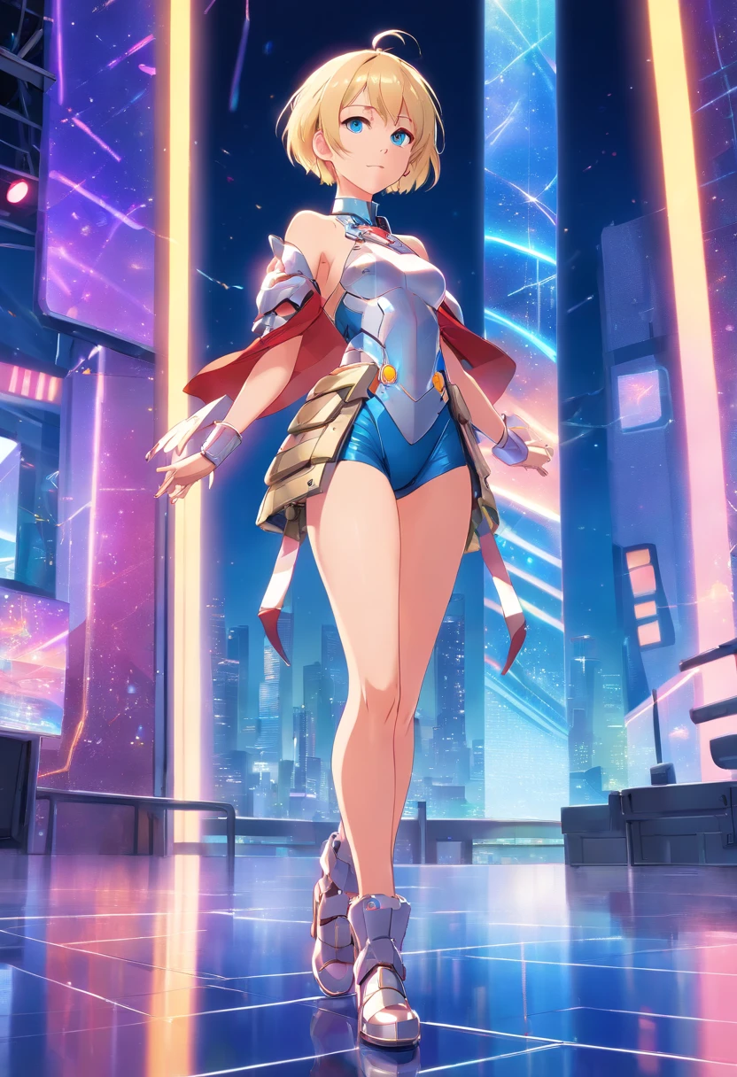 Women, ((Blonde)), ((Blue eyes)), ((Short hair)), ((Full shot)), very detailed makeup, pale pink lipstick, long earrings, bare shoulders, She wears futuristic red and silver armor that covers her breasts, underwear, and shoulders, high-heeled boots, and leaves her skin ((exposed on her waist, arms, and neckline)). She is standing on a platform in a disco with colored lights pointing at her, we see her ((full body)) from a low angle shot.