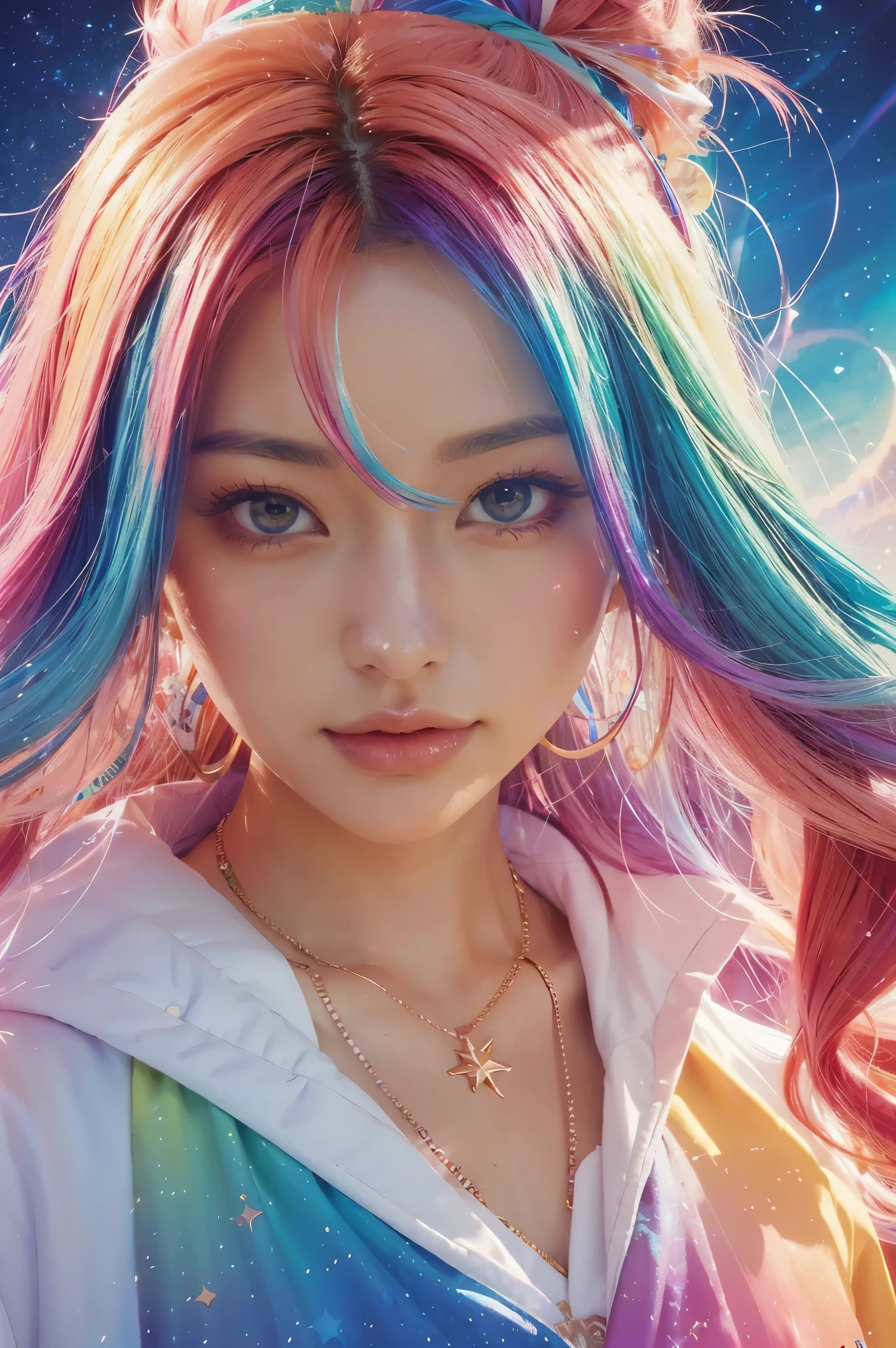 Close-up of a woman with colorful hair and necklace, anime girl with cosmic hair, Rossdraws' soft vibrancy, Gouviz-style artwork, fantasy art style, colorful], vibrant fantasy style, Rossdraws cartoon full of energy, cosmic and colorful, Guweiz, colorful digital fantasy art, stunning art style, beautiful anime style, white skin, night coat,