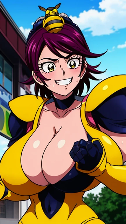 (high quality, Super detailed, 最high quality, Very detailed, beautiful, masterpiece),Realistic image of a bee mature woman,(Evil Cyborg Mech Monster Bee Woman Monster),(Realistic upper body).(Evil Bee Yellow Cyborg Mech Monster Rubber Suit:1.5),(Evil Bee Cyborg Mech Monster Helmet:1.5),Bee Shoulder Armor,Bee Armor Suit,((Super super big breasts)),((Super super super big cleavage)),(Human female face:1.5),(cure black/ futari wa pretty cure),(Super despicable:1.5),(Browsing Caution:1.5),(Nod),とてもbeautiful母親,Bad mother, Perfect Face, Perfect Eyes, Observe the audience,Lips become thicker, Super thick lips, Super Hip, Thighs, The face of super greedy desire,Super Mature Mom, 超Perfect Face, 超Perfect Eyes, Outdoor, garden, Playground in the background,(Super grinning),blush,housewife,Glowing Skin,housewifeの, Oily skin, Super arrogant,Kissing Face,Sweat,nonsense,Heavy breathing／asphyxia,trembling,(((squint))),(((rage))),(((Widen the nostrils))),(huge pig nose),(((Hold your nose up high))),(((Super super Widen the nostrils))),(((Super super smile))),((((超超Super grinning))))),