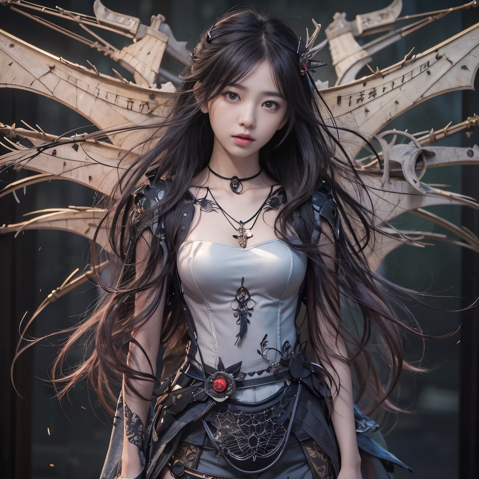 (masterpiece, best quality:1.2), (8k uhd, 16k, 32k, ultra high res), (photorealistic:1.37), (RAW photo), ultimate-realistic, ultimate-realistic details, ultimate-realistic texture, ultimate-intricate details, ultimate-realistic lighting, ultimate-realistic shadow, japanese girl, ultimate-cute face, ultimate-RAW skin, ultimate-realistic eyes, Beautiful Japanese girl with beautiful eyes and lips on upper body, spider body on lower body, bat wings, partly mechanical elements, 16 years old, vivid colors, detailed depiction of girl's hair blowing in the wind, realistic textures on the spider body, mechanical partssurrealistic lighting, eerie atmosphere, dark and mysterious background