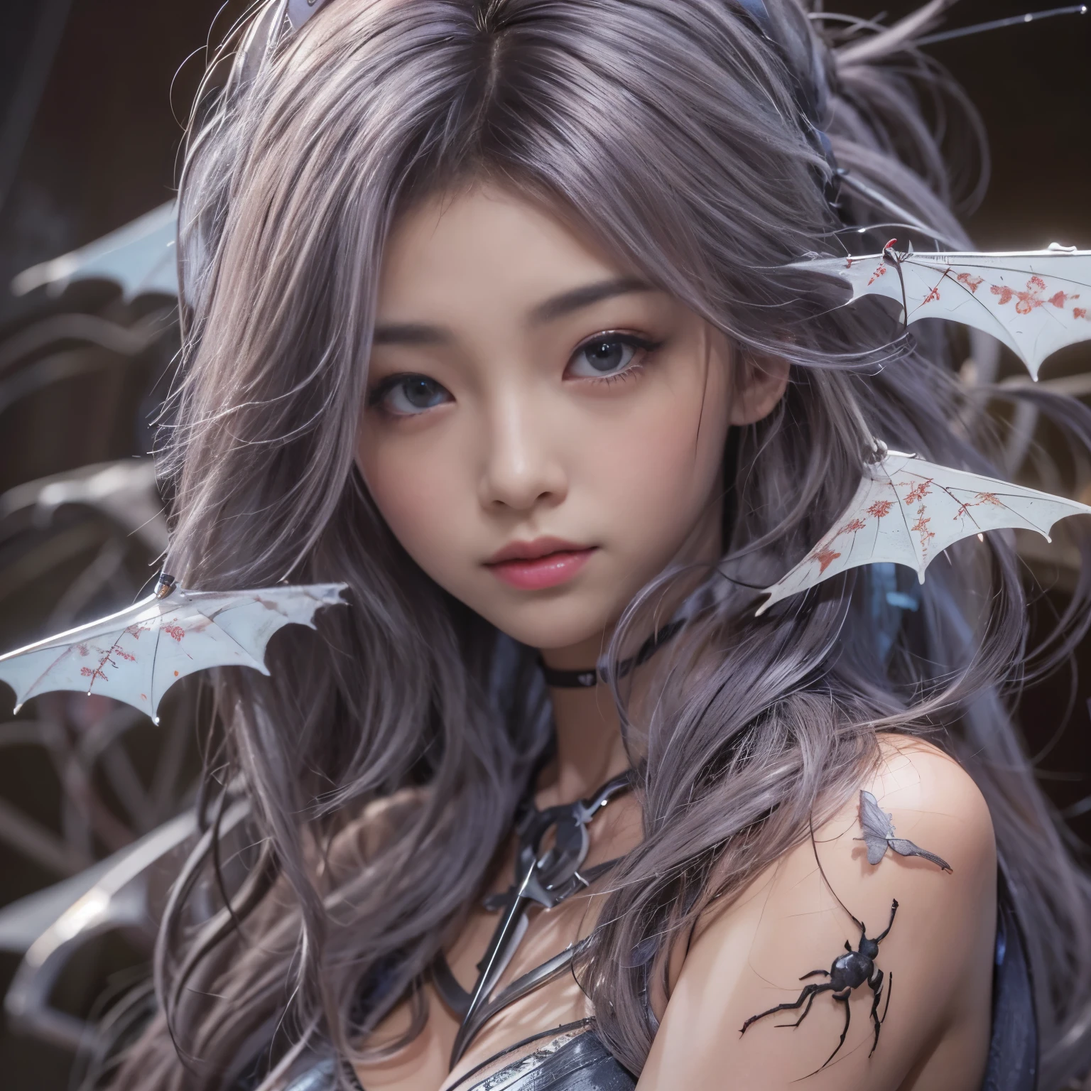 (masterpiece, best quality:1.2), (8k uhd, 16k, 32k, ultra high res), (photorealistic:1.37), (RAW photo), ultimate-realistic, ultimate-realistic details, ultimate-realistic texture, ultimate-intricate details, ultimate-realistic lighting, ultimate-realistic shadow, japanese girl, ultimate-cute face, ultimate-RAW skin, ultimate-realistic eyes, Beautiful Japanese girl with beautiful eyes and lips on upper body, spider body on lower body, bat wings, partly mechanical elements, , vivid colors, detailed depiction of girl's hair blowing in the wind, realistic textures on the spider body, mechanical partssurrealistic lighting, eerie atmosphere, dark and mysterious background