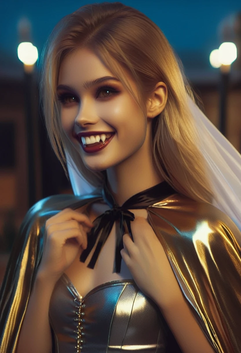 Vampyfangs1,(RAW photo) , 1girl, cute, 20 years old, long blonde hair in ponytail, smiling, look at viewer, ((((silver and gold lined satin cape tied at the neck)))+++, side spilt skirt , photo, realistic, best quality, hires, detailed face, detailed background, diffused lighting, depth of field, bokeh