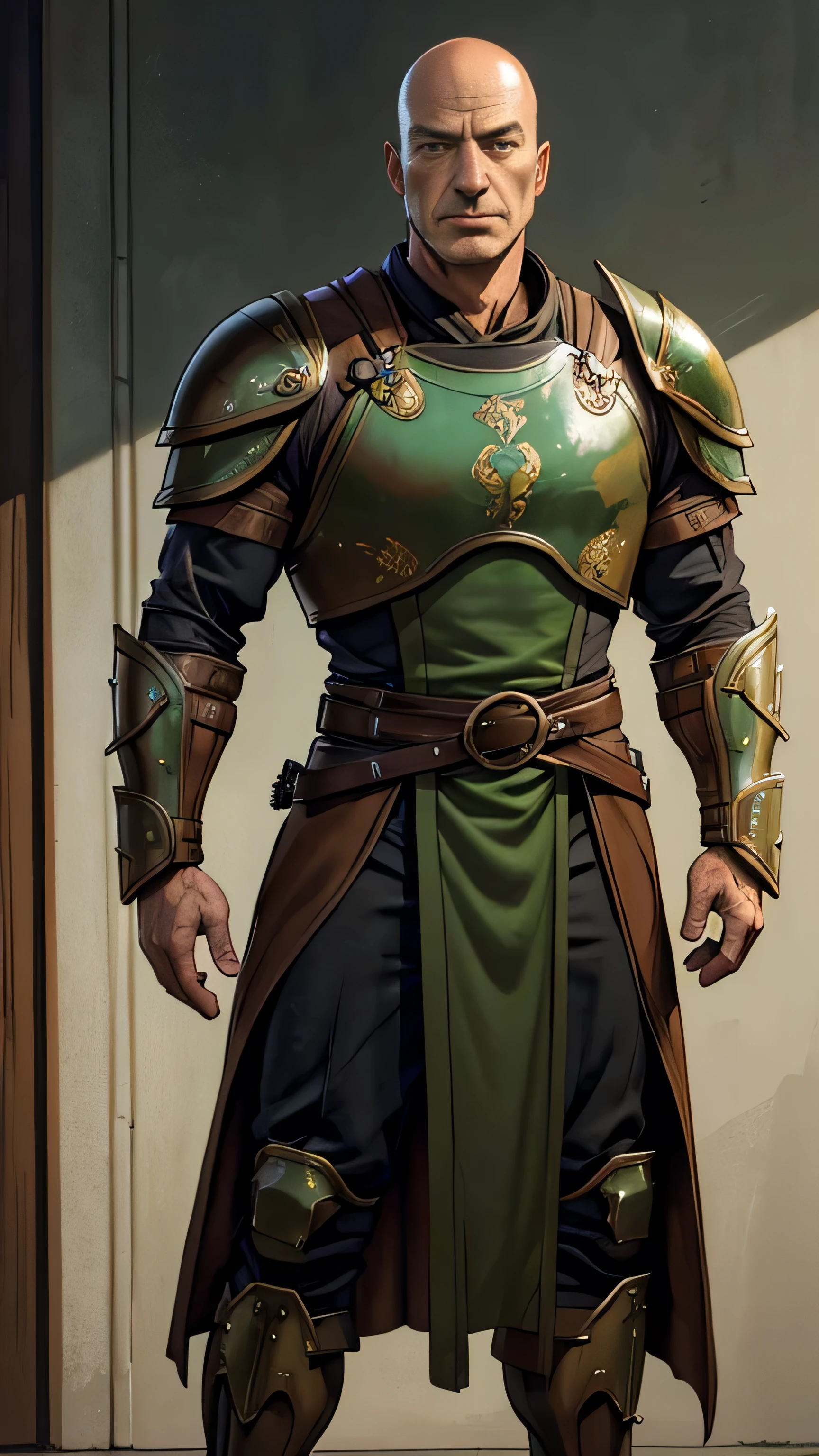 ((Jason Isaacs)) as Dairou from Mortal Kombat, (bald head), ponytail, light brown tunic, brown robe, green elements, belts, straps, armor pieces, brown leather gauntlets, shin guards, 1man, solo, full body view, front view, looking at viewer, intricate, high detail, sharp focus, dramatic, photorealistic painting art by greg rutkowski