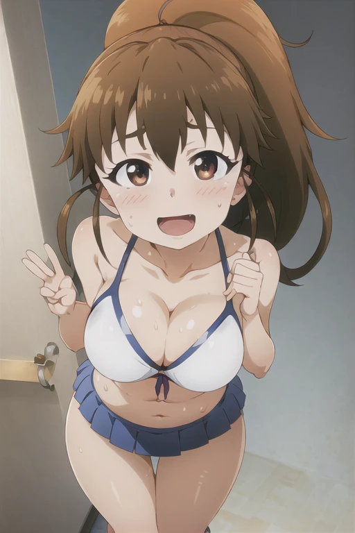 (((masterpiece))), ((highest quality)), ((Very detailed)), ((High resolution)), ((8k)), ((Anatomically correct)), ((The correct number of fingers)), One Woman, Taneshima Popura, (Big Breasts), Brown Hair, long hair, ponytail, (he is short), Very cute woman, delicate, Charming smile, Brown eyes, Bright Eyes, Big Eyes, Best moment, Vivid eyes, Beautiful Skin, Cute face, delicateな腕, Detailed skin texture, Intricate details, Very detailedな顔, Beautiful Eyes, Beautiful curves, View your viewers, Beautiful thighs, Sweating, Beautiful standing posture, Model standing, Schoolyard, Cheerleader, A big smile, Clothes with less fabric area, Cleavage, support, pom-poms, sports boots, I can see my belly button, Looking up, Blushing, Open your mouth, Raise your arms high, The skirt is short, Triangle bikini top,