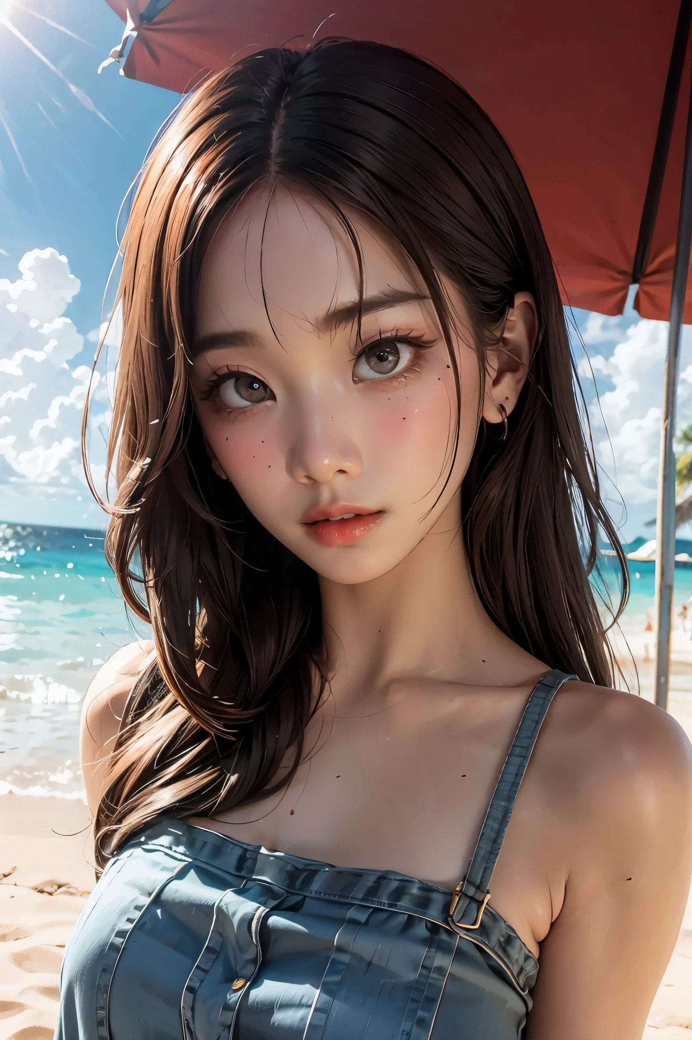 (Surreal)、(hight resolution)、(8K)、 (ighly detailed)、(Ultra clear skin pores)、(top-quality、​masterpiece:1.3)、portlate、a beauty girl、middlebreasts、Beach background、It's very hot、perspiring、