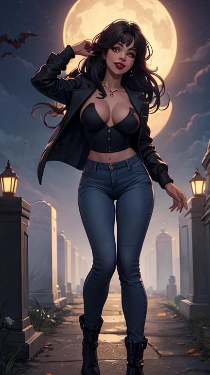 mulher, Pele branca, olhos verdes, cabelo preto, Cabelo ondulado, cabelo liso, franja, Cabelo longo, cabelo ao vento, cemetery at night, Jeans apertado, blue jeans, botas pretas, top muito decotado, Topo branco, Parte superior transparente, jaqueta aberta, jaqueta preta, andando, Horror, decote, visible nipples, sorridente, looking at the camera, Red lips, athletic, Bats in the sky, Atmosfera assustadora, Tiro frontal.