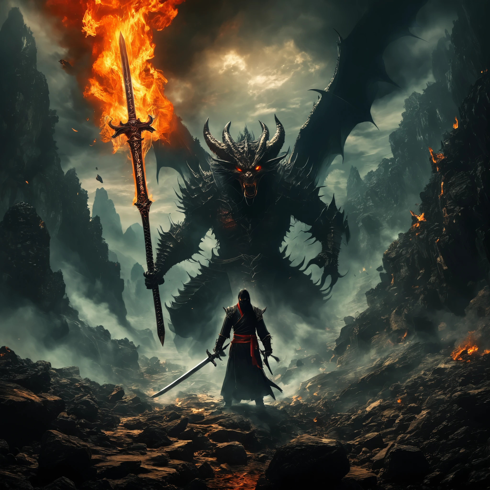 underworld flying demon, carrying an evil sword, rocks, hellscape, fire, landscape, horrifying, scary, xianxia