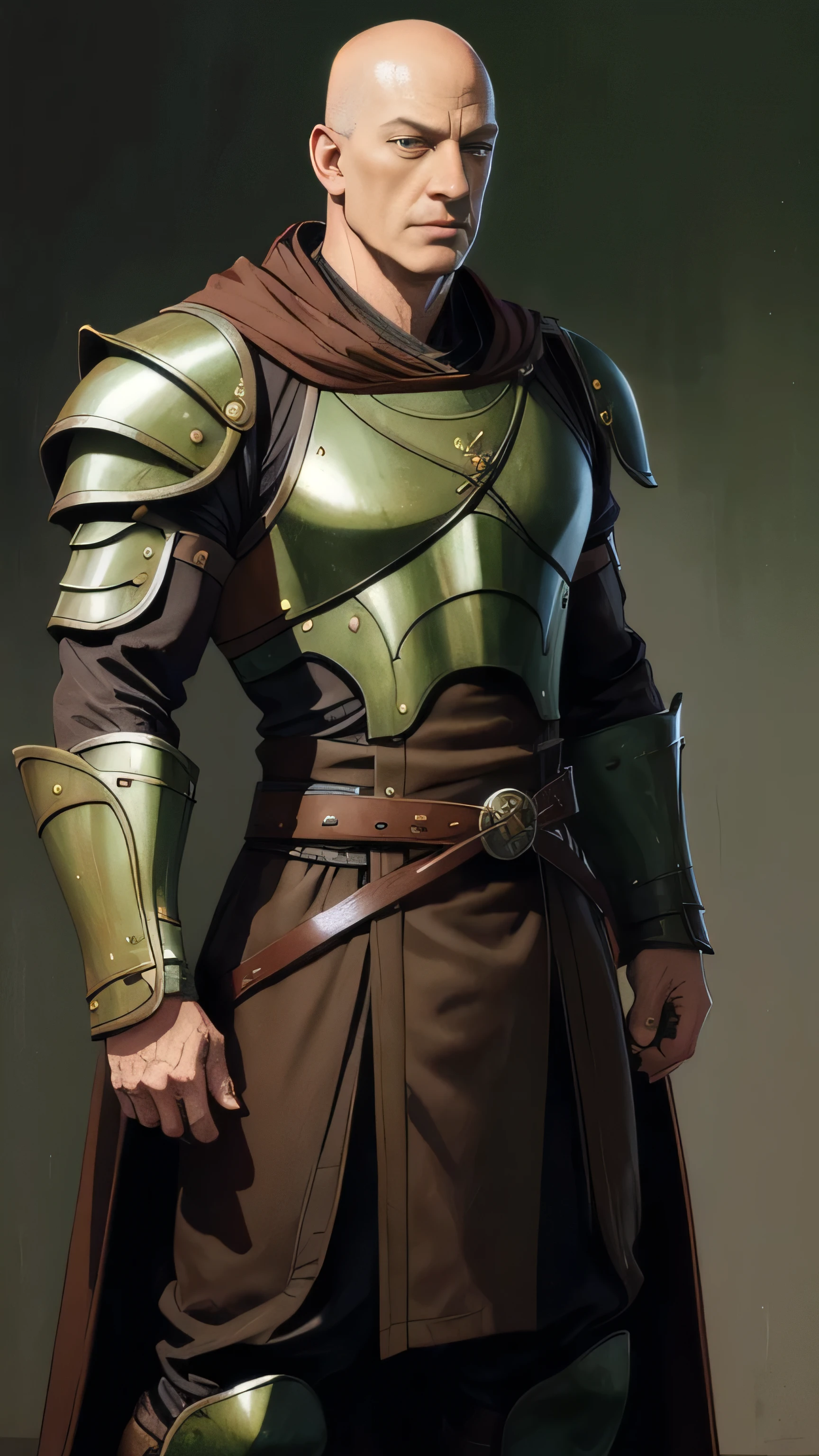 ((Jason Isaacs)) as Dairou from Mortal Kombat, (bald head), ponytail, light brown tunic, brown robe, green elements, belts, straps, armor pieces, brown leather gauntlets, shin guards, 1man, solo, full body view, front view, looking at viewer, intricate, high detail, sharp focus, dramatic, photorealistic painting art by greg rutkowski