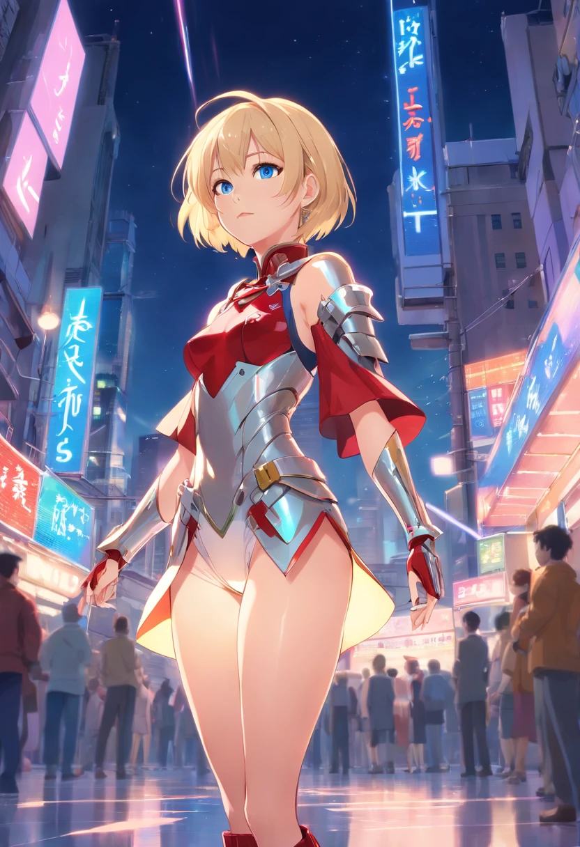 s old Women, ((Blonde)), ((Blue eyes)), ((Short hair)), ((Full shot)), very detailed makeup, pale pink lipstick, long earrings, bare shoulders, She wears futuristic red and silver armor that covers her breasts, underwear, and shoulders, ((high-heeled boots)), and leaves her skin ((exposed on her waist, arms, and neckline)). She is standing on a circle with colored lights pointing at her, we see her ((full body))