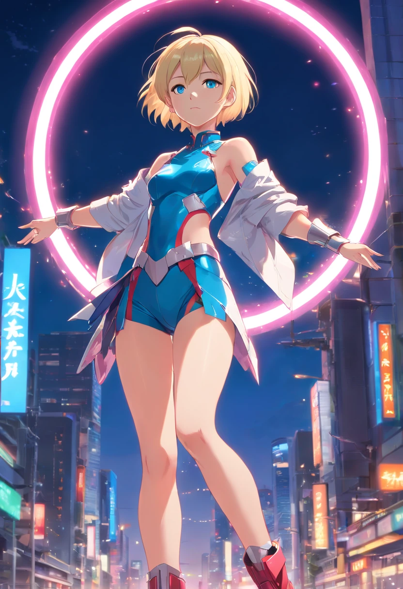 17 years old Women, ((Blonde)), ((Blue eyes)), ((Short hair)), ((Full shot)), very detailed makeup, pale pink lipstick, long earrings, bare shoulders, She wears futuristic red and silver armor that covers her breasts, underwear, and shoulders, ((high-heeled boots)), and leaves ((her skin exposed on her waist, arms, and neckline)). She is standing on a circle with colored lights pointing at her, ((full body))