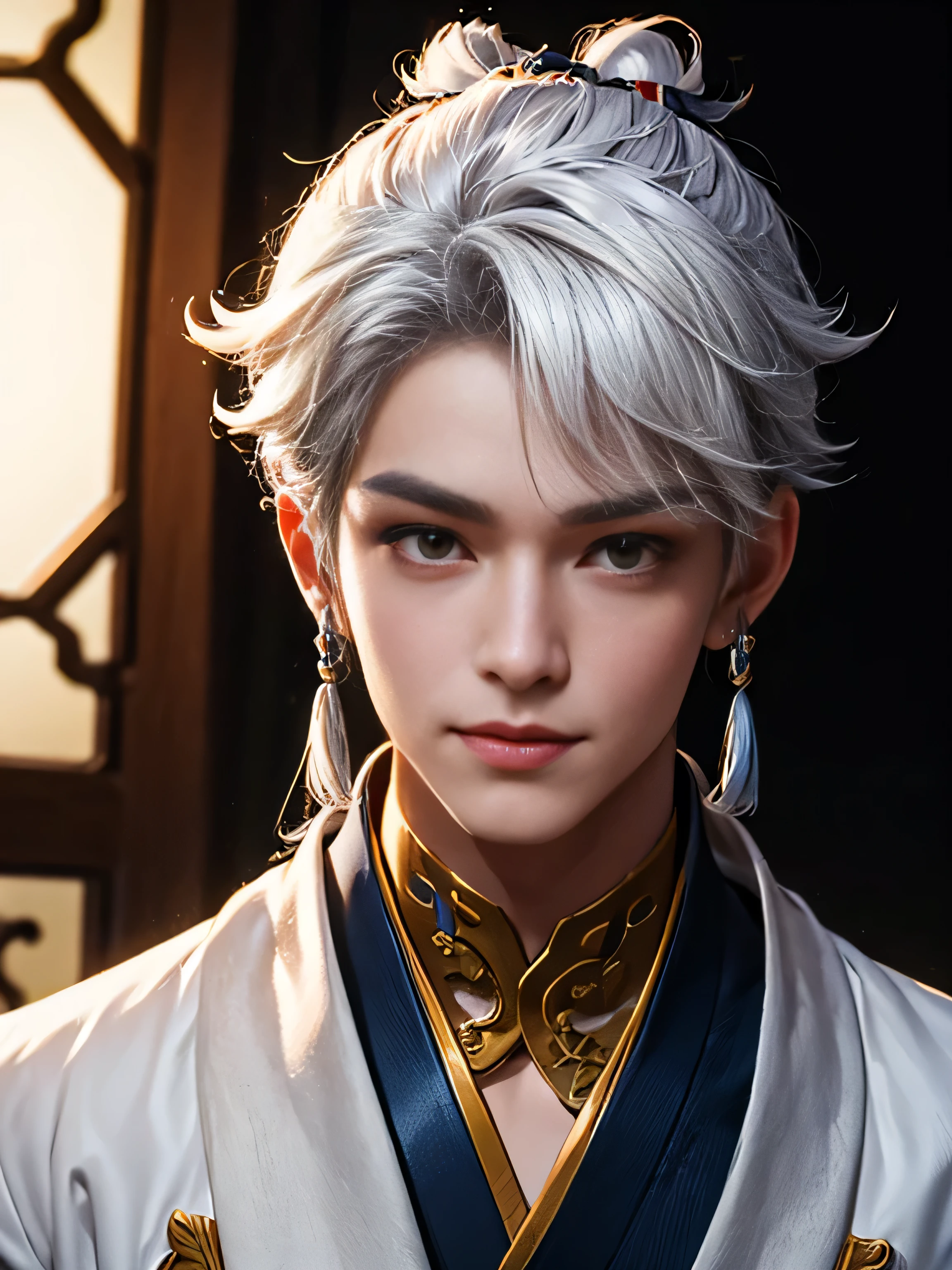 (Best Quality, 8K, Masterpiece, HDR, Soft Lighting, Picture Perfect, Realistic, Vivid), 1 Boy, man in blue robe) holding small dog, Perfect male body, Eyes looking at camera (with long black hair, long bangs, Forehead, smile, seductive, anime character portrait inspired by Li Mei-shu, cg society trends, furry art, zhongli from genshin exposure, cai xukun, full body xianxia, keqing from genshin exposure, Sha Xi, Hei Jinyao, cgstation trends, xianxia fantasy) color difference, depth of field, dramatic shadow, ray tracing, best quality, highly detailed CG, 8K wallpaper, male model, [Carefully rendered hair [Read more about beautiful and shiny hair]] ,(Perfect hand detail [ Beautiful fingers without breakage [Beautiful nails]],(Perfect anatomy (Perfect proportions)) [[Resembles the whole body]],[Perfect color coordination (Accurate imitation of the interaction of light and material)], [Fine art, conveying the meaning of the story].