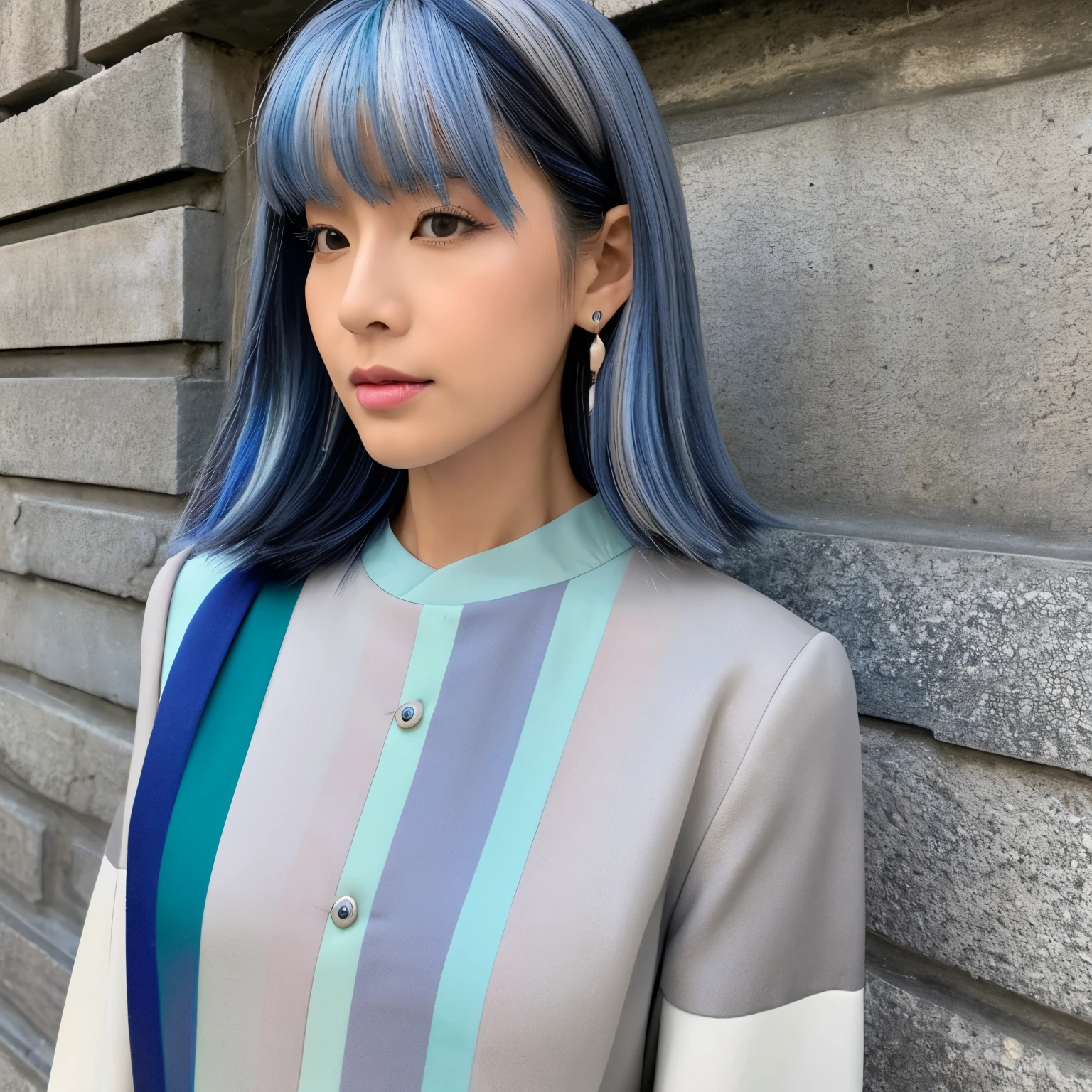 Asian woman with bicolor hair, que tenga un ojo de color lila y el otro ojo de color gris, vistiendo un bonito vestido corto