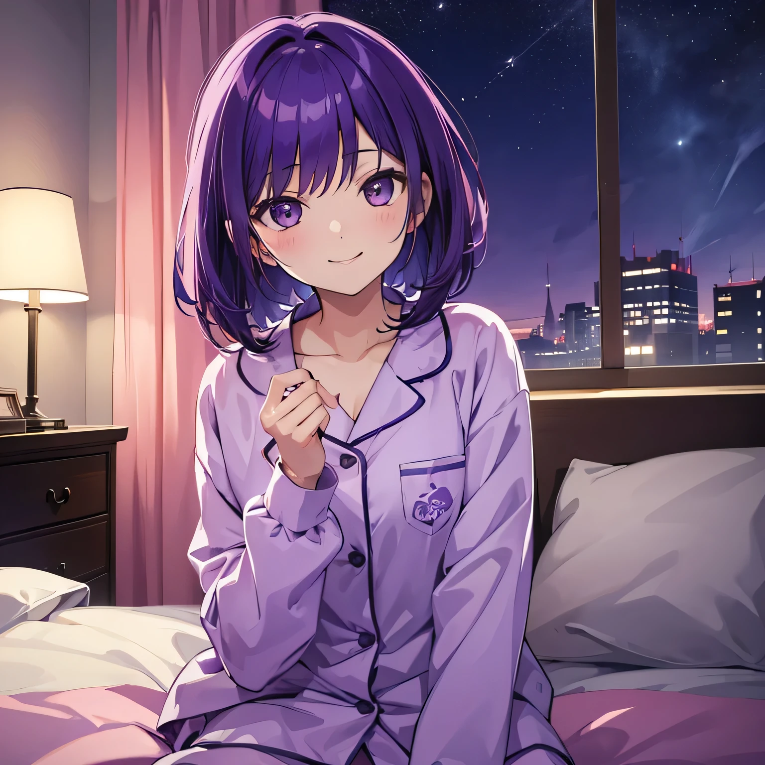 (T Masterpiece,4k wallpaper,Best Quality))、((girl1people))、(solo)、Bright and Brilliant,(Purple Hair)、(Shortcuts:1.3)、smile、Bedroom、pajamas、night