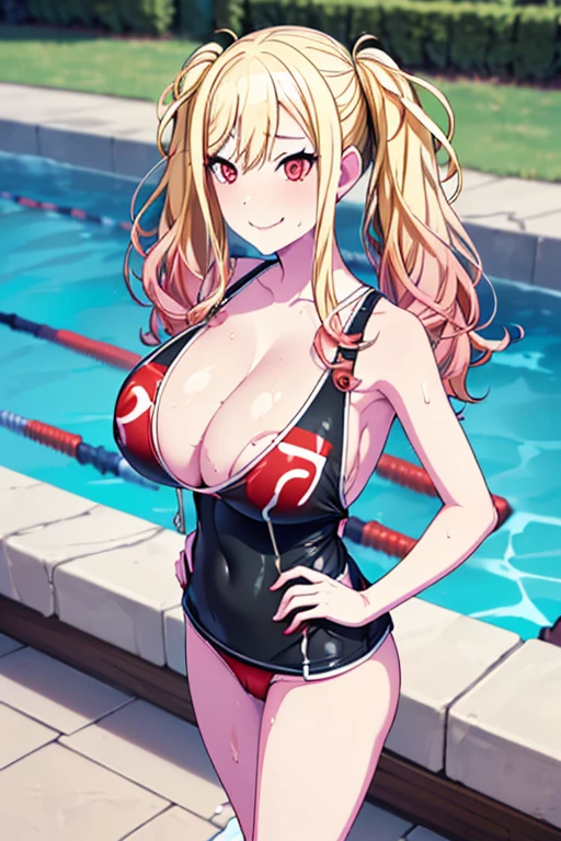 masterpiece, best quality, ultra high res, ultra-detailed, outside in a pool, sunset, beautiful city landscape, saki, slut, solo, (blonde hair, red eyes, twintails: 1.4), red lipstick, red eyeliner, (gigantic tits and giant cleavage: 1.4), hairy pubic hair, (erotic white micro mini slingshot swimsuit: 1.5), looking at the viewer, sexual alluring expression, moaning, pleasure face, horny, very erotic face, wet, (saki is standing in a pool in a very sexy pose with a hand on her hip while looking at the viewer with a very sexual and horny face and an alluring smile: 1.6), (bottom close pussy photo: 1.5)