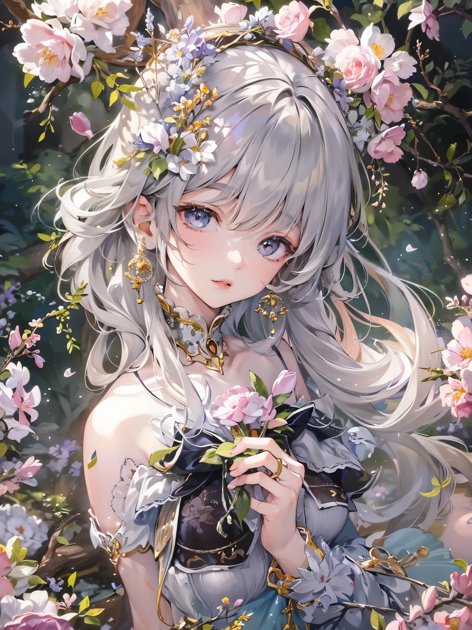 ((highest quality)),(Ultra-high resolution),(Super detailed new),(Detailed Description),((The best CG)),(A masterpiece),Ultra-detailed art,A wonderful new art form,(Art with precise detail:1.5), Illuminated by the moon, flower, Excitement