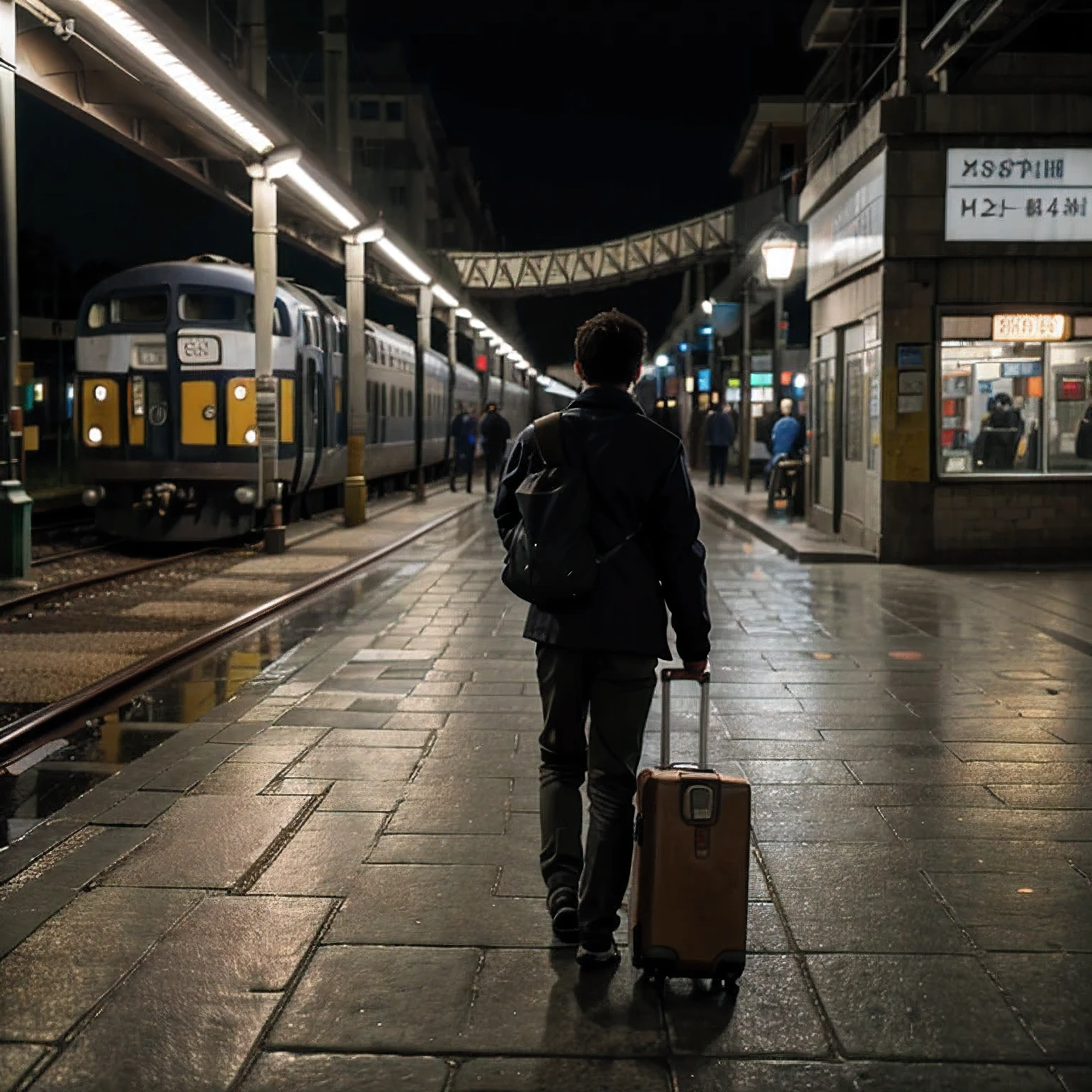 
A boy going to the railway station at night pulling a luggage bag