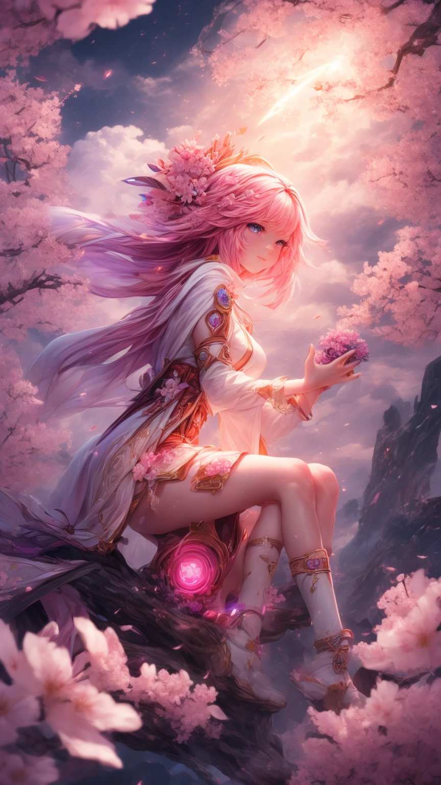 "((fantasy art)) featuring an alien girl, immersed in a heavenly symphony, clouds turn into bright splashes, flowers are scattered, like notes in the wind, visual orchestration of color and wonder"masterpiece, a high resolution, Best quality, 1 girl solo, , sitting, over a huge sakura , Sakura burns with lightning