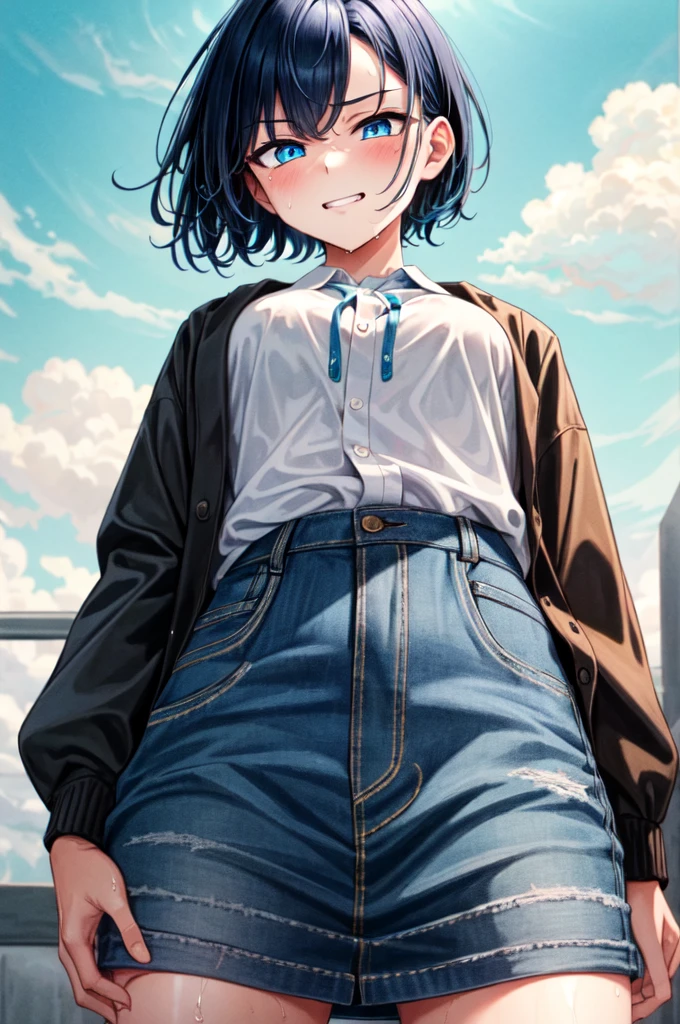 masterpiece, best quality, cowboy shot, view from below, 1girl, looking at viewer, cyan eyes, cool beauty, very short hairstyle, dark blue hair, sharp eyes, mature face, slim body, casual clothes, wet clothes, wet, cool face, nervous smirk, tomboy, wild appearance, wild style