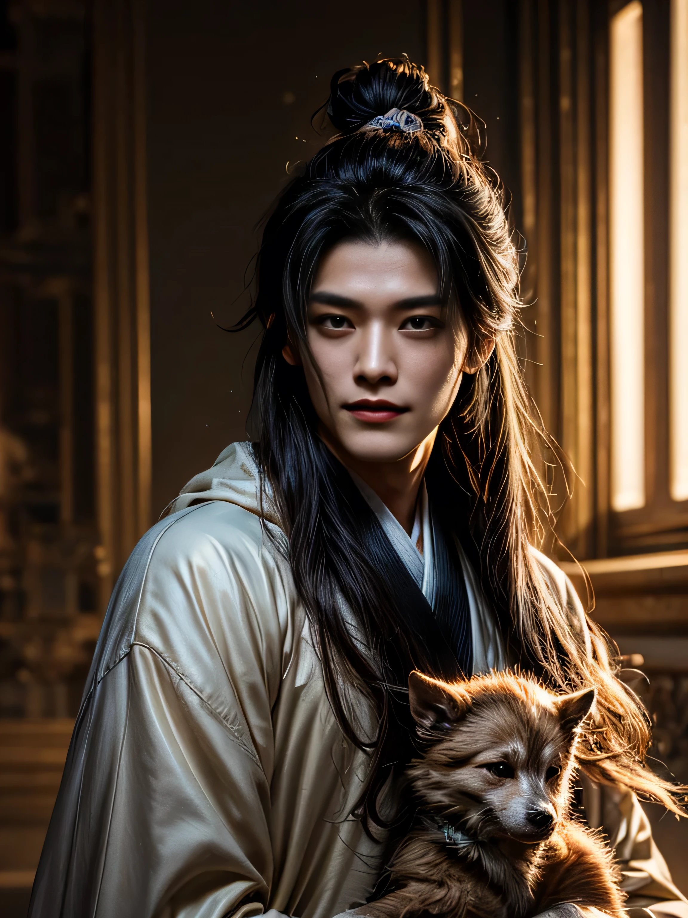 (Best Quality, 8K, Masterpiece, HDR, Soft Lighting, Picture Perfect, Realistic, Vivid), 1 Boy, man in blue robe) holding small dog, Perfect male body, Eyes looking at camera (with long black hair, long bangs, Forehead, smile, seductive, anime character portrait inspired by Li Mei-shu, cg society trends, furry art, zhongli from genshin exposure, cai xukun, full body xianxia, keqing from genshin exposure, Sha Xi, Hei Jinyao, cgstation trends, xianxia fantasy) color difference, depth of field, dramatic shadow, ray tracing, best quality, highly detailed CG, 8K wallpaper, male model, [Carefully rendered hair [Read more about beautiful and shiny hair]] ,(Perfect hand detail [ Beautiful fingers without breakage [Beautiful nails]],(Perfect anatomy (Perfect proportions)) [[Resembles the whole body]],[Perfect color coordination (Accurate imitation of the interaction of light and material)], [Fine art, conveying the meaning of the story].