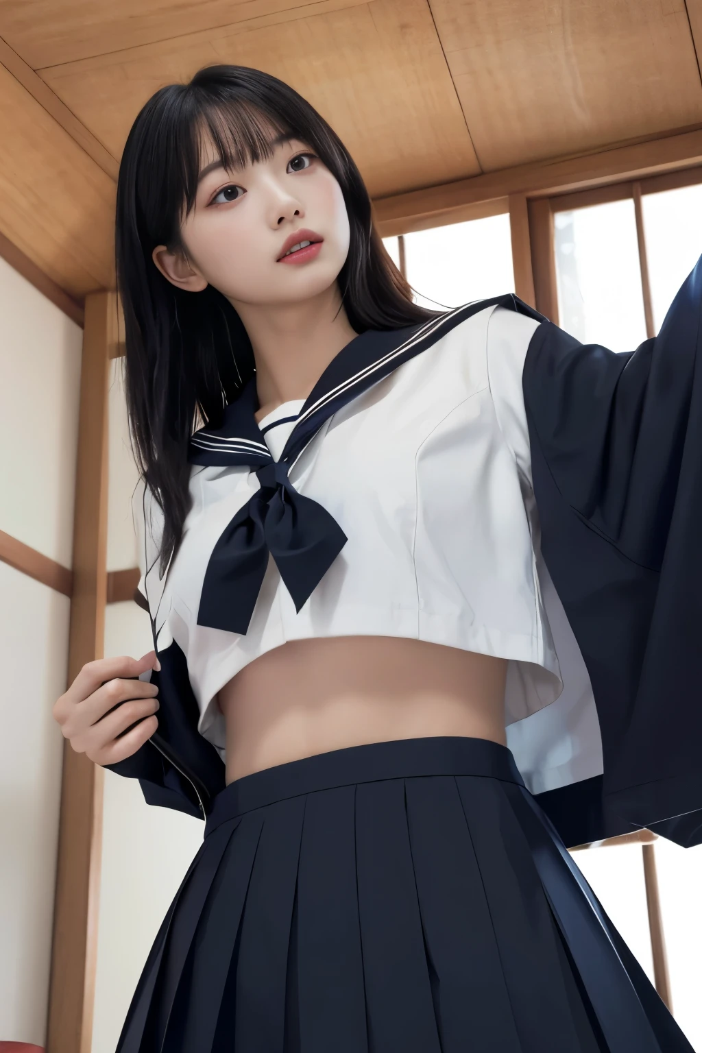 Masterpiece、highest quality、Woman 1、Super detailed、Looking up from directly below Black Hair Face seen from below Japanese 、Sailor suit、skirt Muscular belly、Large Breasts、under boob、Underboob、Looking down at the chest、Underboobを露出 Sailor suitをLooking up from directly belowて覗く ceiling