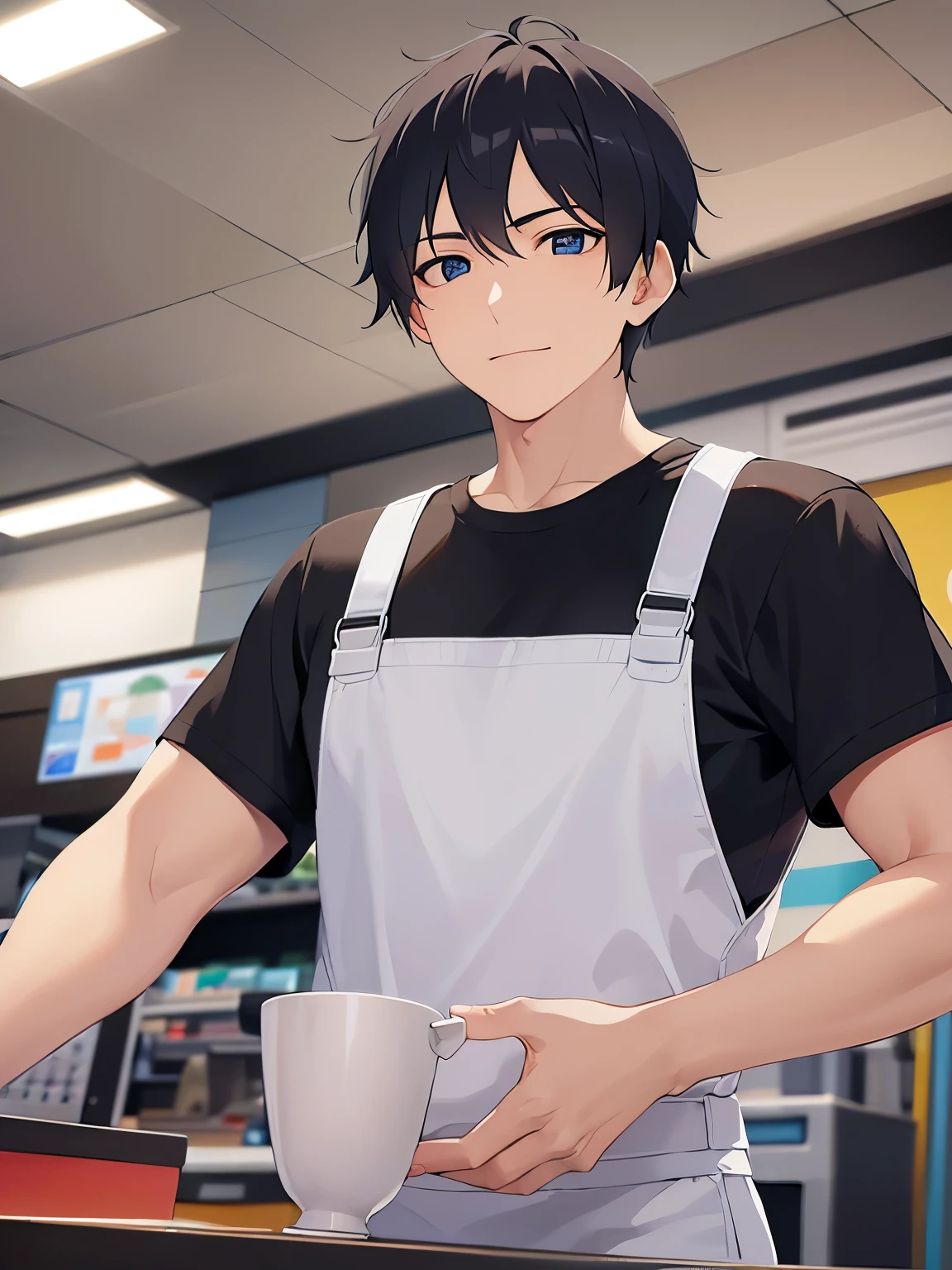Angle from below, upper body、masterpiece, top quality, (25 year old male: 1.5) and (short black hair) and (blue eyes), (T-Shirts) and (white), Black Apron、standing, smile, The background is the interior of an electronics store., (alone: 1.5)