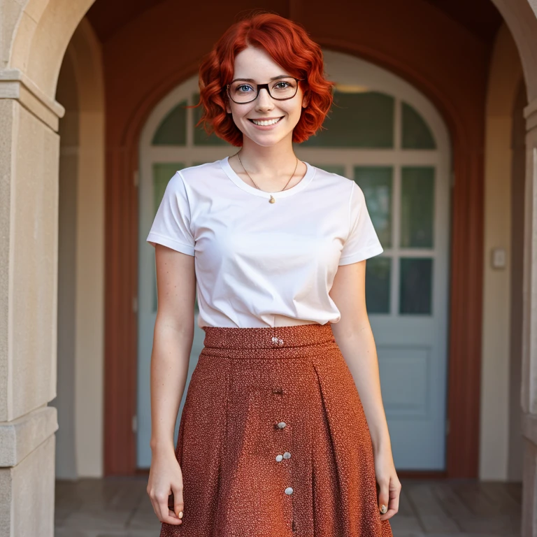 young woman, short red hair, glasses, freckles, smiling, lift skirt