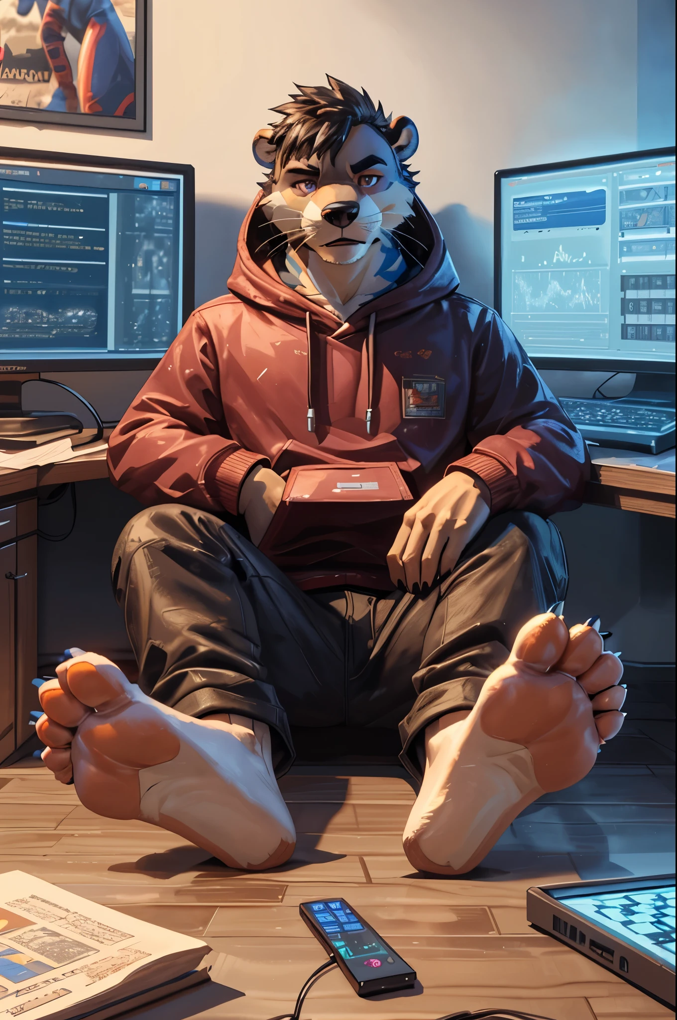 (((Barefoot furry character, full body, cinematic setting, furry male, plantigrade))) computer lab scene with a tech-savvy otter teacher wearing a hoodie and glasses, sitting at a computer desk surrounded by monitors and circuit boards, long brown pants, nice soles of feet paws, (((showing soles to viewer))) BREAK, detailed background, 8K, (masterpiece:1.5), intricate details, highly detailed, extreme detail, octane render, fine art, best quality, highres, (detailed face:1.5), ((full_body)), UHD, (((perfect hands))), low light