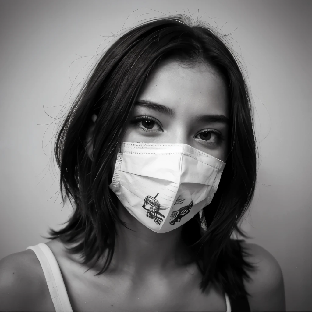 A -yeld wo ,in monochrome as if it were a drawing ,tiene el pelo esponjado pero no mucho ,robusta ,the face is covered by a mask of happiness