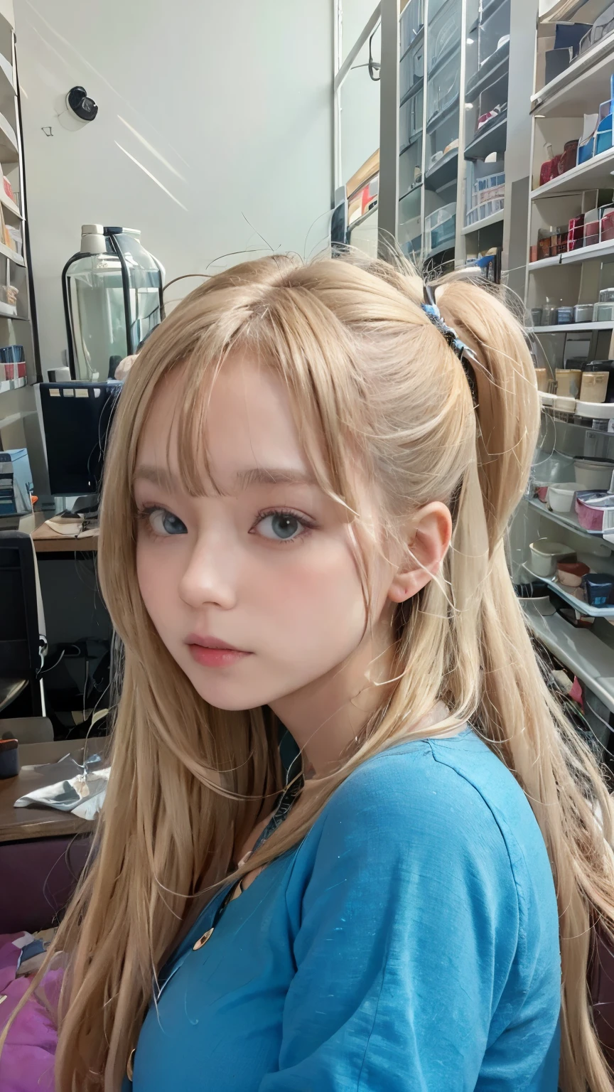 Portraiture、Bright expression、ponytail、Young and shiny white glossy skin、Best Looks、Blonde reflection、Blonde hair with dazzling highlights、Bright shiny hair,、Super long silky straight hair、Shiny beautiful bangs、Sparkling, clear, attractive big blue eyes、A very beautiful and lovely girl、Bust of a Rich Man、T-Shirts、Tight jeans、Cityscape of Japan、