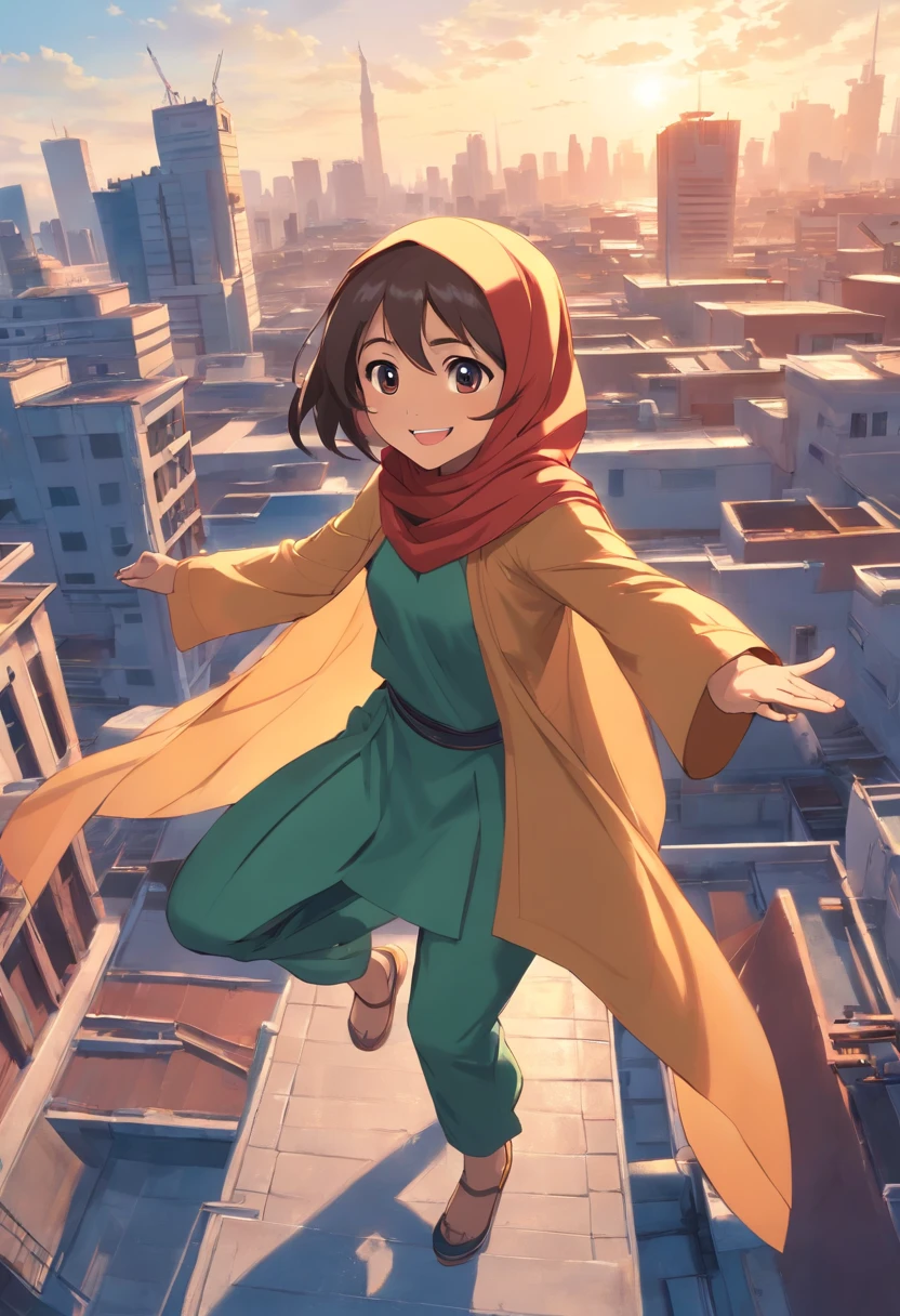 a Malay girl age 12, wearing hijab and superhero outfit, flying on a rooftop, facing the camera, with one hand raised and a smile