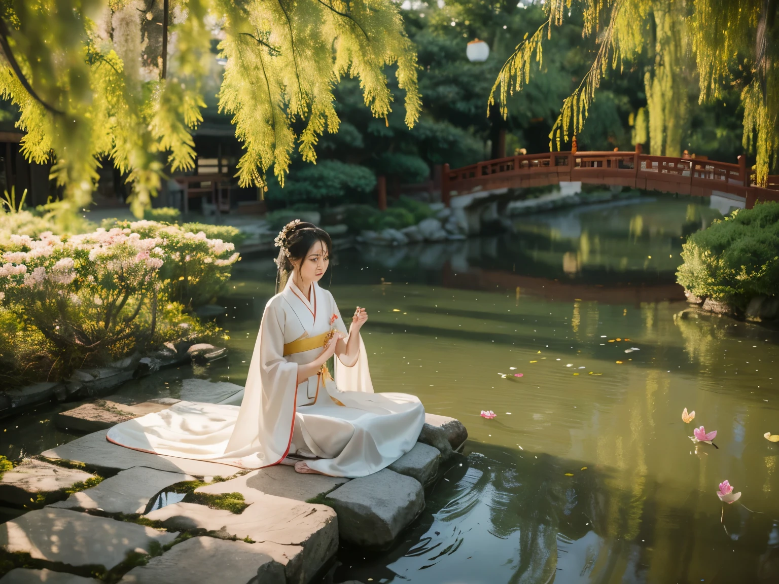 a girl wearing a traditional Hanfu,medium:oil painting,flowing silk fabric,magnificent details,best quality,highres,ultra-detailed,gorgeous hairstyle,exquisite embroidery,golden hairpin,pearl ornaments,bright colors,immaculate makeup,soft lighting,serene background,traditional Chinese garden,whispering willow trees,lotus pond,subtle breeze,peaceful atmosphere,traditional cultural elements,lit lanterns,graceful hand gestures,surrounded by blooming flowers,dainty shoes,dancing by the river,majestic beauty,delicate accessories