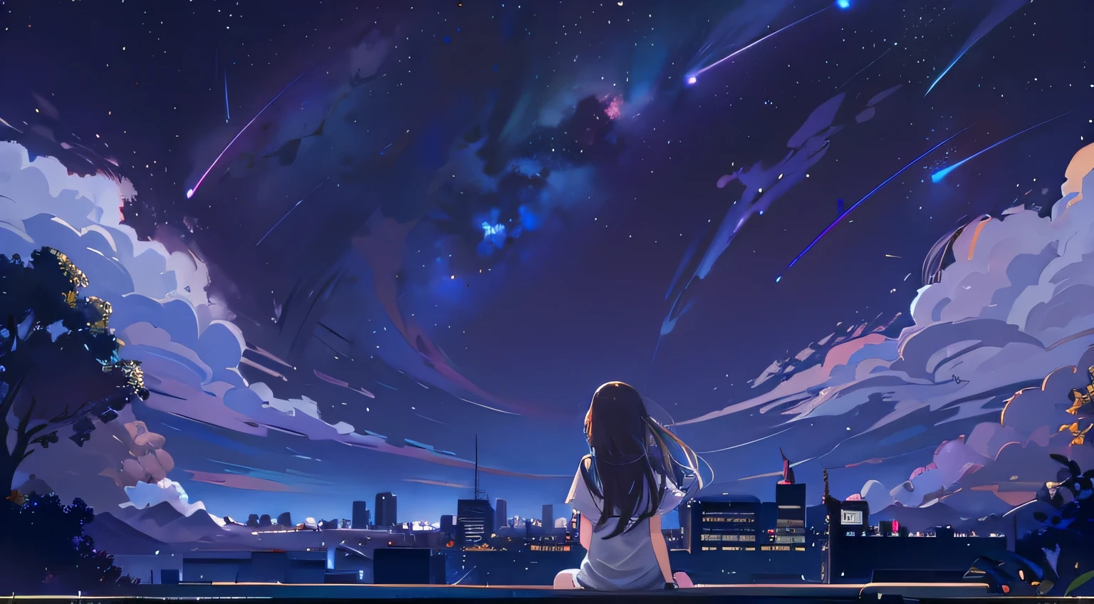 Octane, null, star (null), scenery, starry null, night, One girl, night null, alone, Outdoor, building, cloud, milky way, Sitting, wood, Long Hair, city, silhouette, cityscape