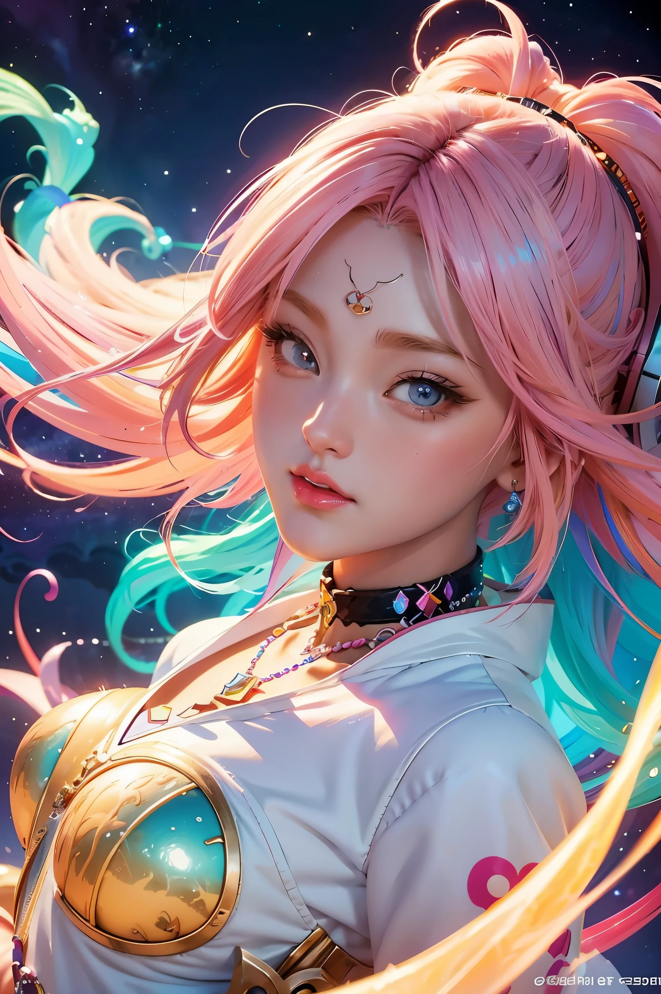 Close-up of a woman with colorful hair and necklace, anime girl with cosmic hair, Rossdraws' soft vibrancy, Gouviz-style artwork, fantasy art style, colorful], vibrant fantasy style, Rossdraws cartoon full of energy, cosmic and colorful, Guweiz, colorful digital fantasy art, stunning art style, beautiful anime style, white skin, night coat,