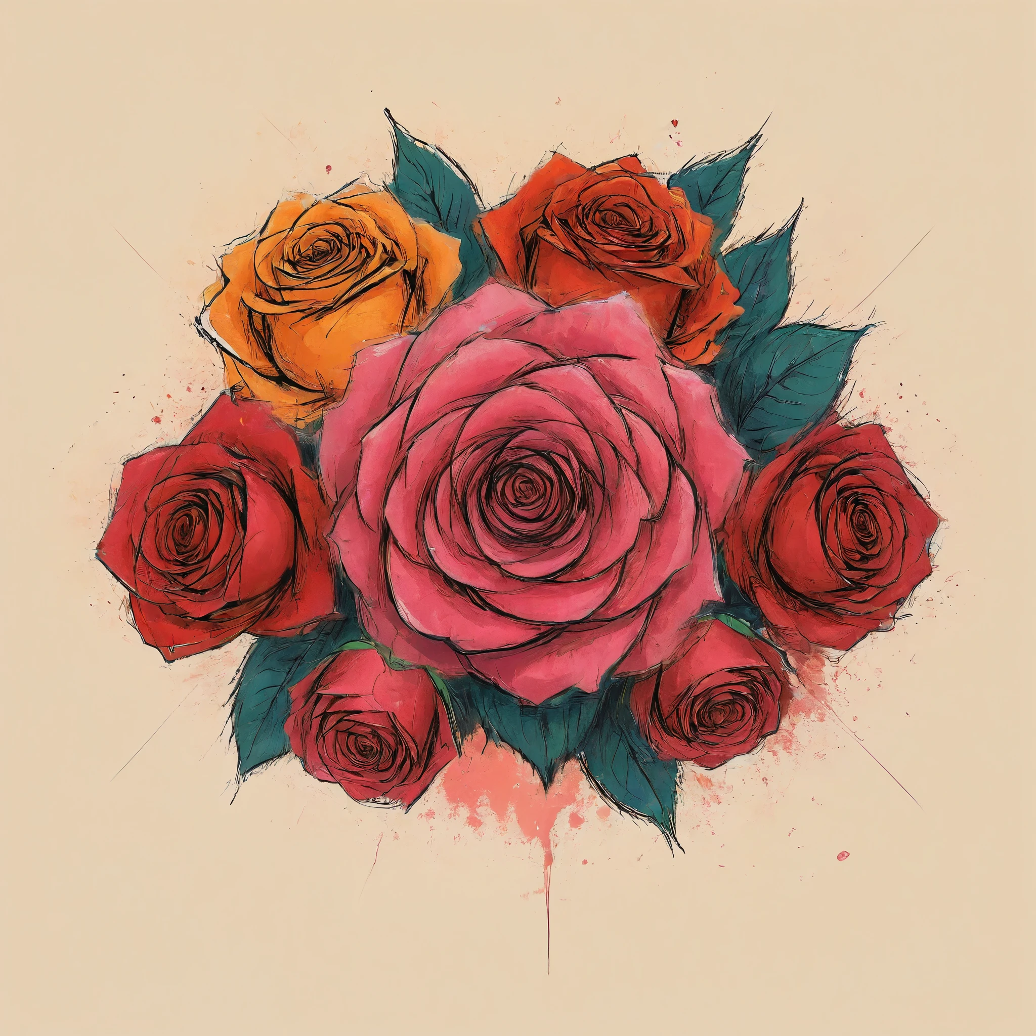 Vector Art, Colorful illustration with lots of roses, In the center, Vibrant colors
