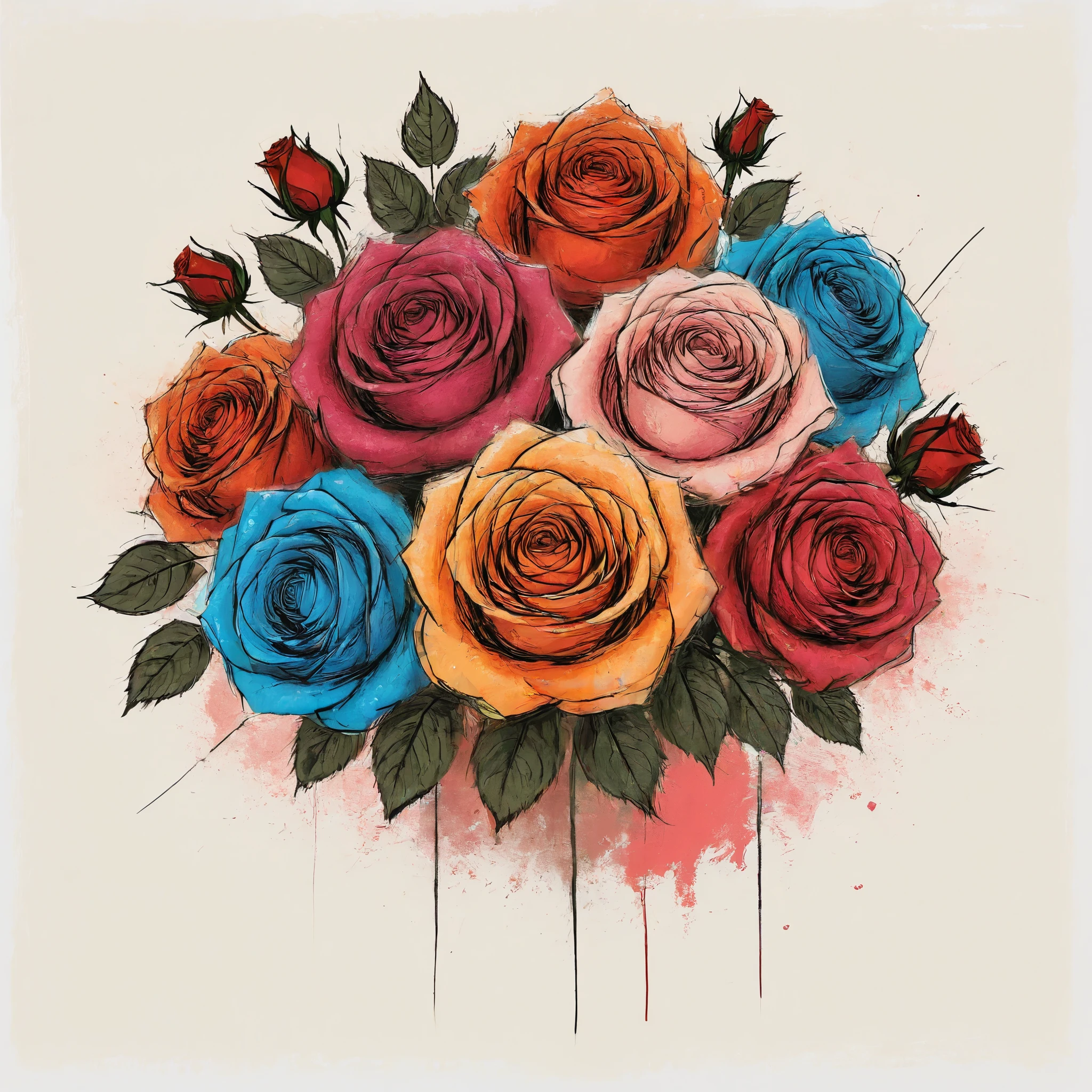 Vector Art, Colorful illustration with lots of roses, In the center, Vibrant colors