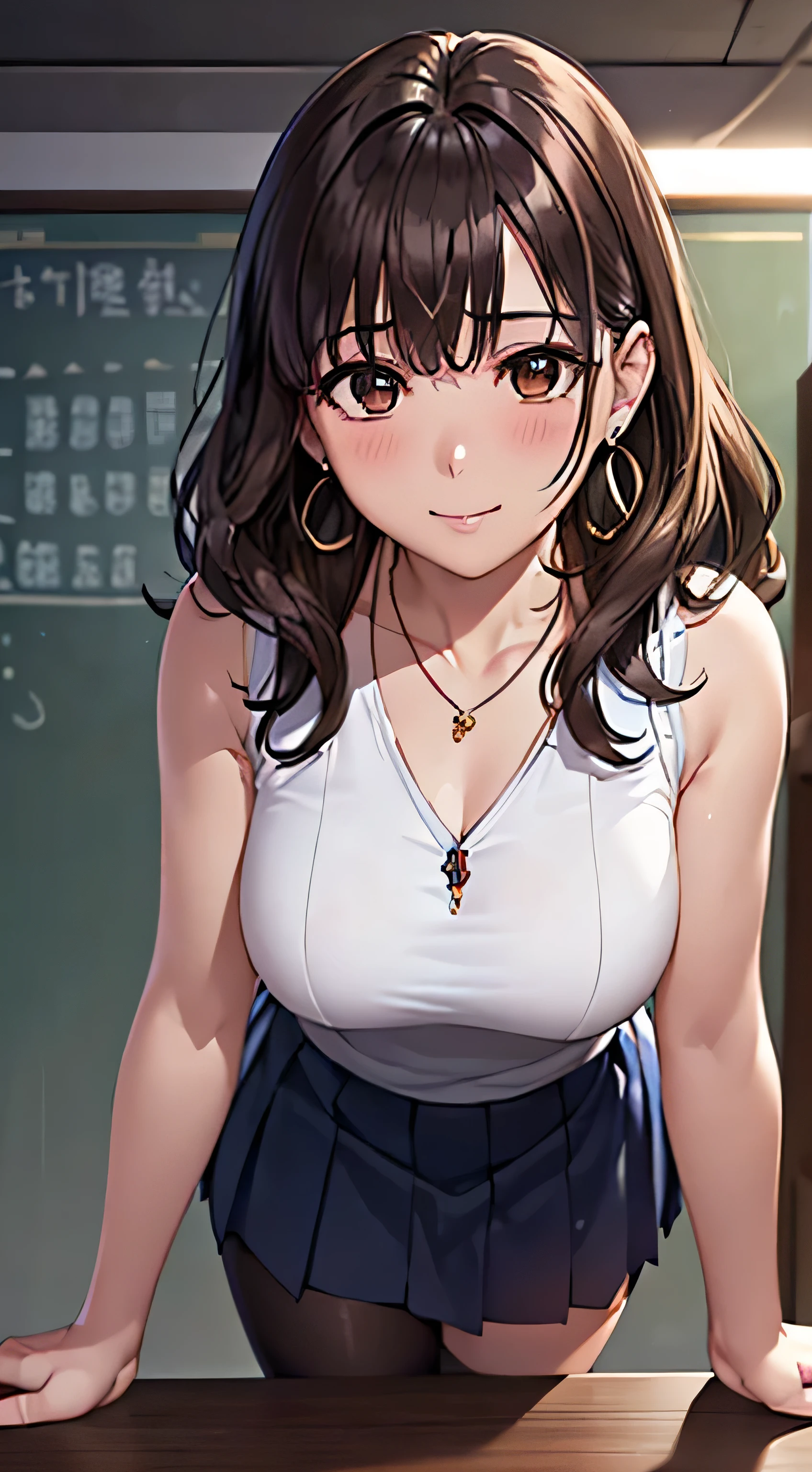 (Tabletop, highest quality, High resolution, , Perfect Pixel, 4K,), 1 girl, single, alone, Beautiful woman、I could see the whole body、 ((Wavy mid-length hair, bangs, Brown Hair)), ((Brown eyes, Beautiful eyelashes, Realistic eyes)), ((Detailed face, blush:1.2)), ((Smooth texture:0.75, Realistic texture:0.65, Realistic:1.1, Anime CG Style)), Medium Chest, Dynamic Angle, Perfect body, female teacher、((, White sleeveless shirt、Dark Blue Long Pleated Skirt、Black Stockings、Cute Necklace、Earrings、)), look up、A shy smile、Accentuate your breasts、Leaning forward significantly、)、Angle from below、classroom、、、