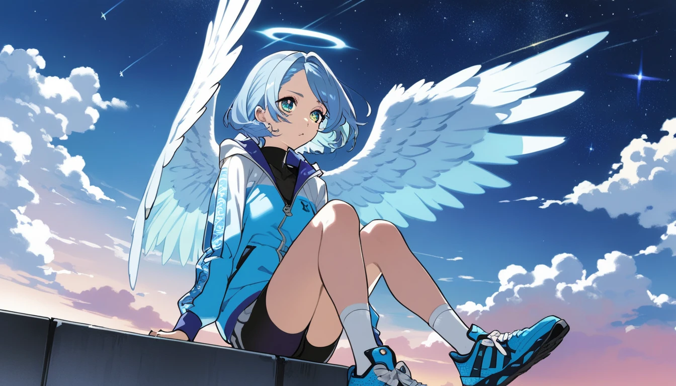 One Girl, by yoneyama mai, smell, Habitat doubts, wave hands, Heterochromatic pupil, Beautiful eyes(blue, (Sitting in the clouds), Great quality, Pushdown, Angel Wings, alone, Light blue hair, Winged Bangs, Shortcuts, Provocative, Light blue jersey(Jacket only), Angel District、Pale blue atmosphere, starry skies, Skyline, Beautiful colors, (Great quality:1.5), masterpiece, 1 p, Blue Bird