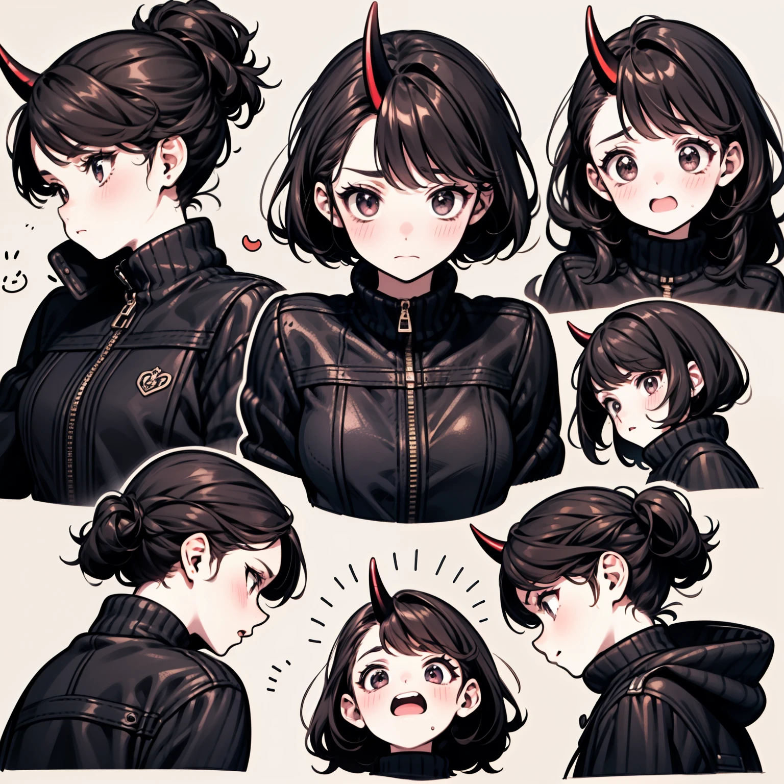 Cute big tits,Little Red Devil,Maverick Horn,Black punk leather jacket,Chain lock,Emoji Pack,9 Emojis,Emoji Sheet,Align the layout,Various postures and expressions(Sad,surprise,Have fun,Excited, touch your head,Selling Moe, hang on),Anthropomorphic style,Disney Style,Black Line,Various emotional postures and expressions,8k