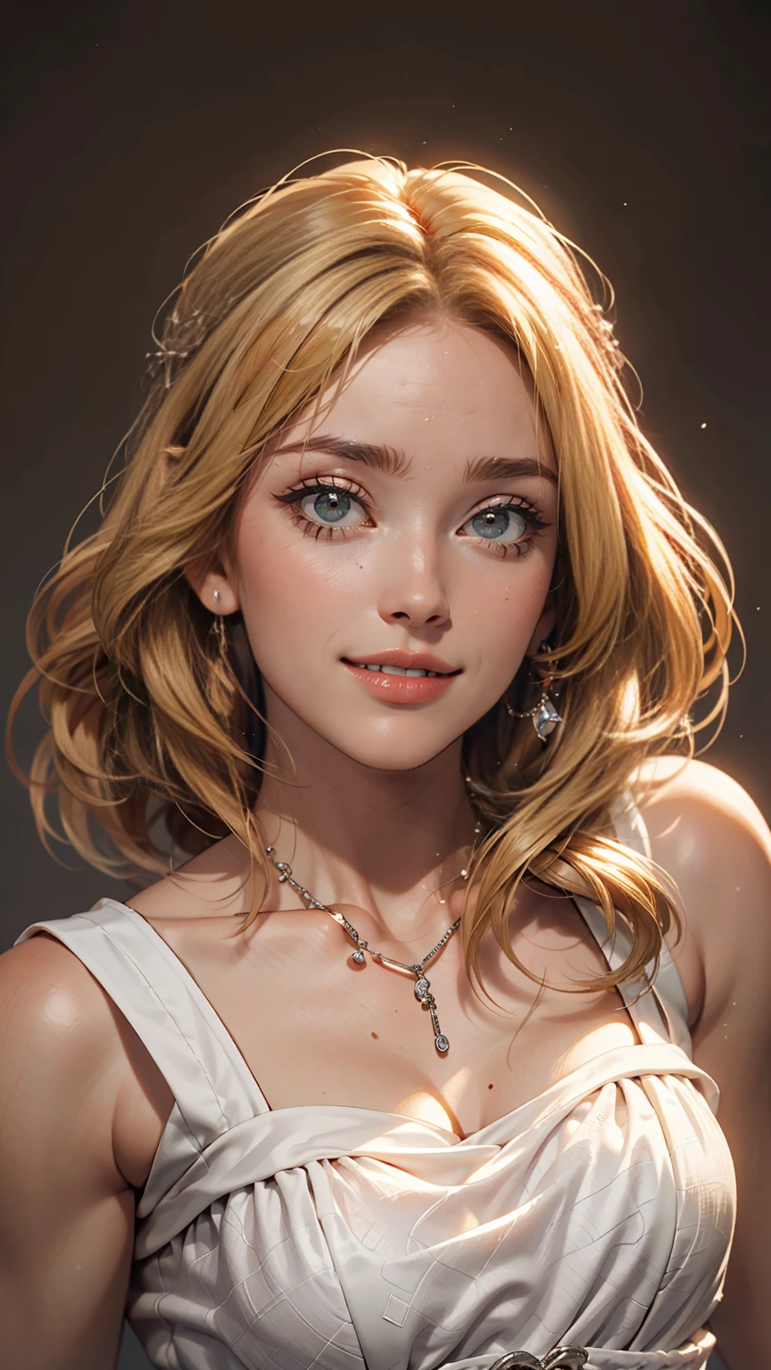 masterpiece, highest quality,In-person audience, Upper Body,Middle-aged women,Greek Goddess Attitude, Melon seed face, ((Narrow eyes)), Mole under the eye,Brown eyeball, Thin lips, Blonde, Very long hair, Laugh with your mouth closed,40 years old, self-portrait, Simple Background,White Dress,