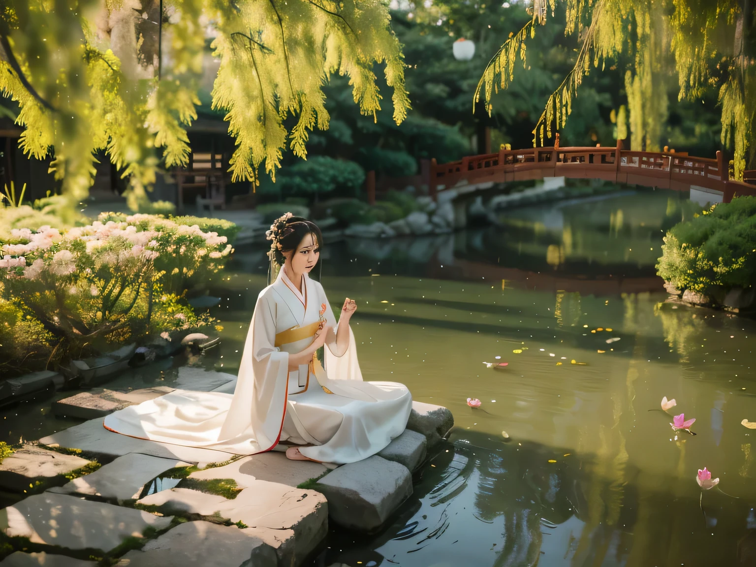 a girl wearing a traditional Hanfu,medium:oil painting,flowing silk fabric,magnificent details,best quality,highres,ultra-detailed,gorgeous hairstyle,exquisite embroidery,golden hairpin,pearl ornaments,bright colors,immaculate makeup,soft lighting,serene background,traditional Chinese garden,whispering willow trees,lotus pond,subtle breeze,peaceful atmosphere,traditional cultural elements,lit lanterns,graceful hand gestures,surrounded by blooming flowers,dainty shoes,dancing by the river,majestic beauty,delicate accessories